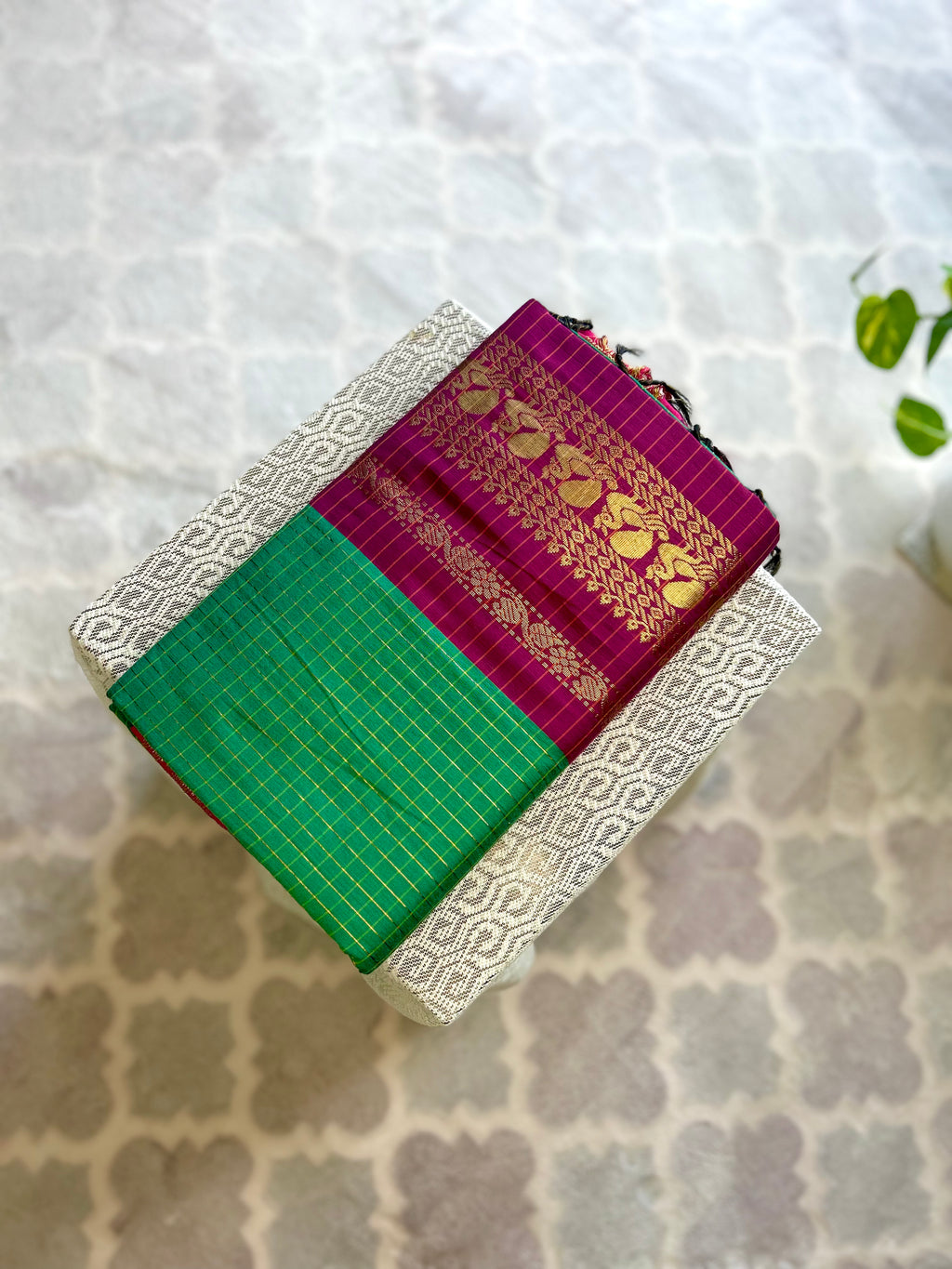 Classic Green & Magenta Checked Kalyani Cotton Saree
