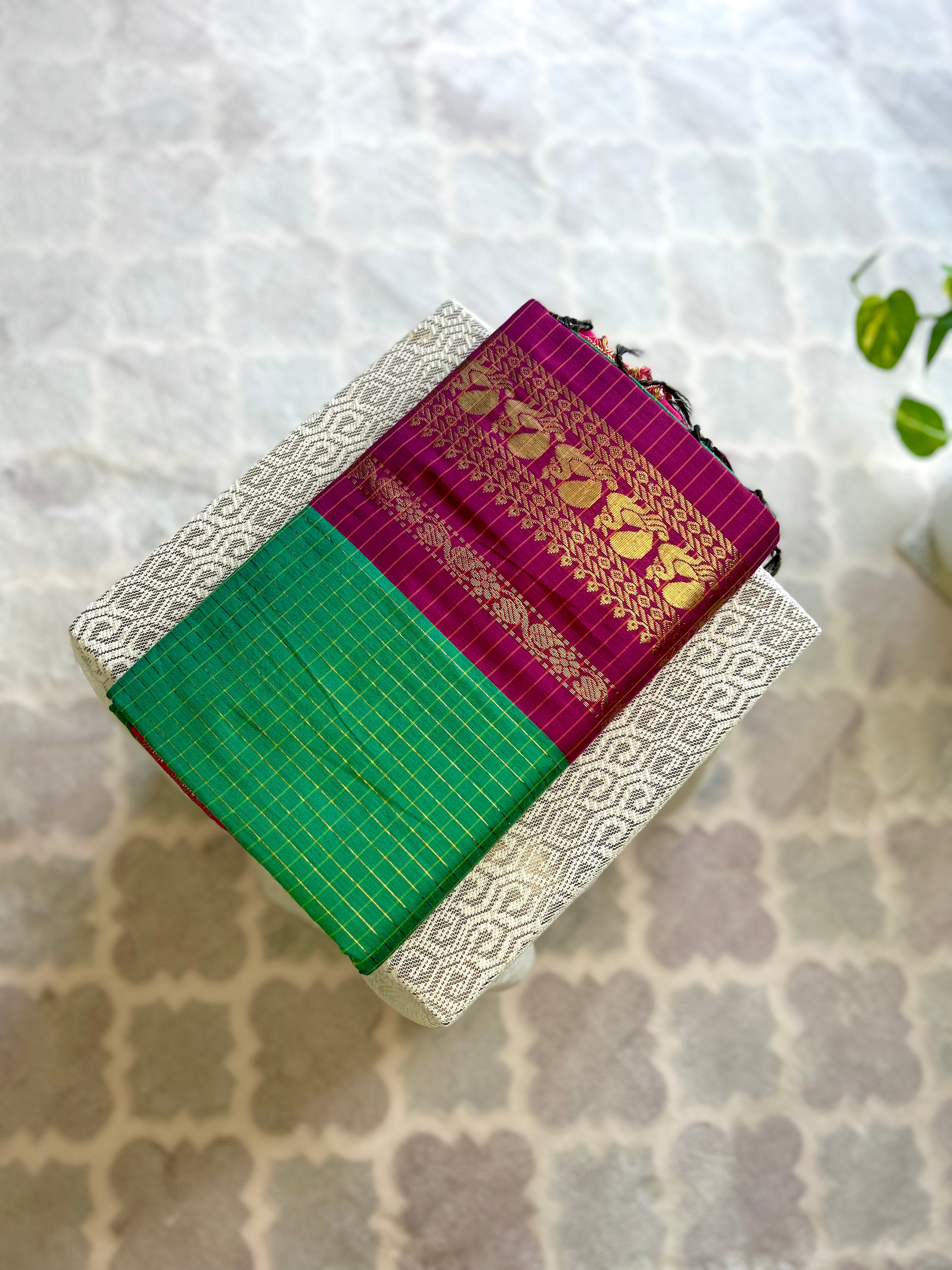 Classic Green & Magenta Checked Kalyani Cotton Saree