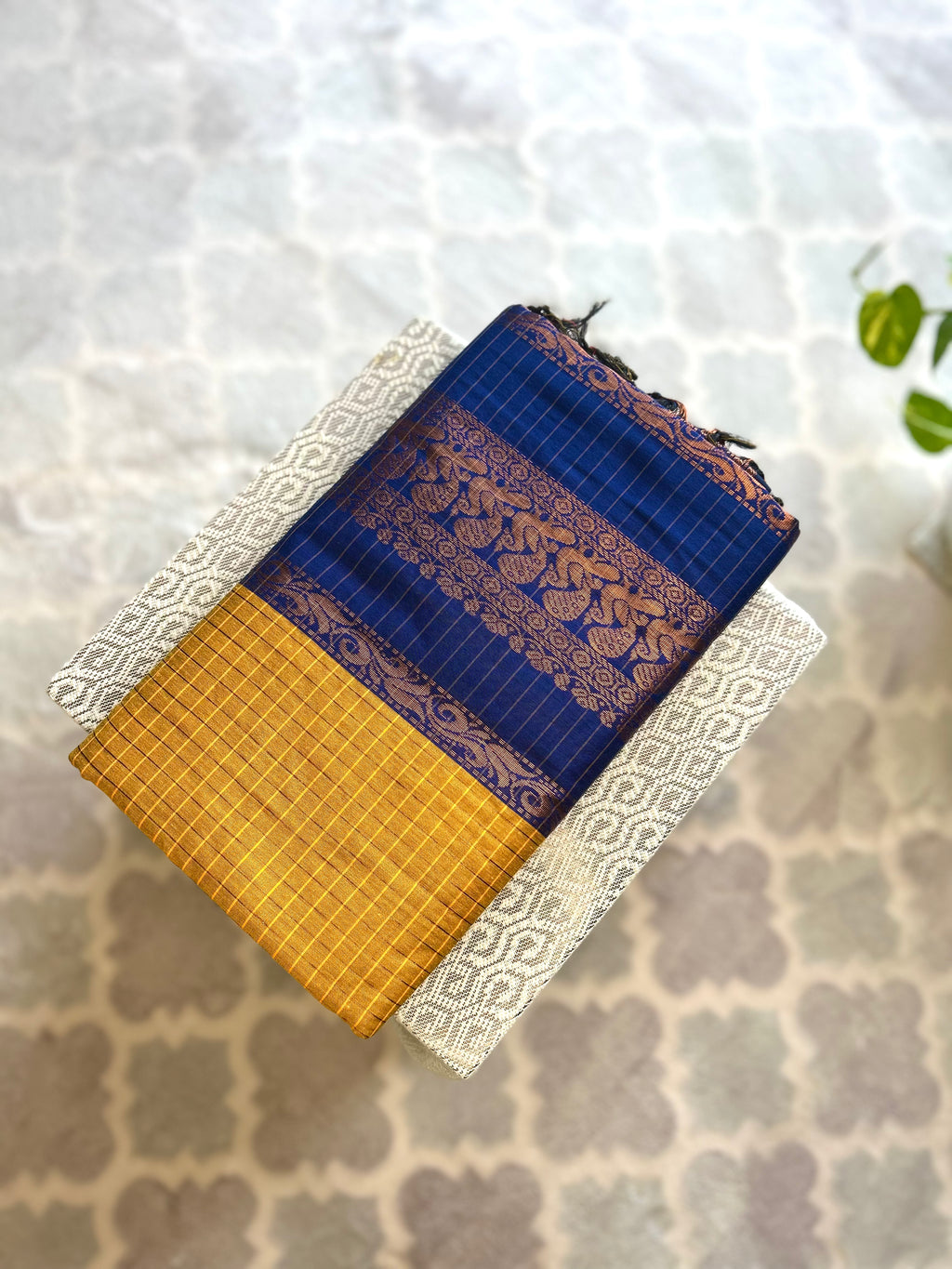 Kalyani Cotton Saree Blue & Mustard Yellow