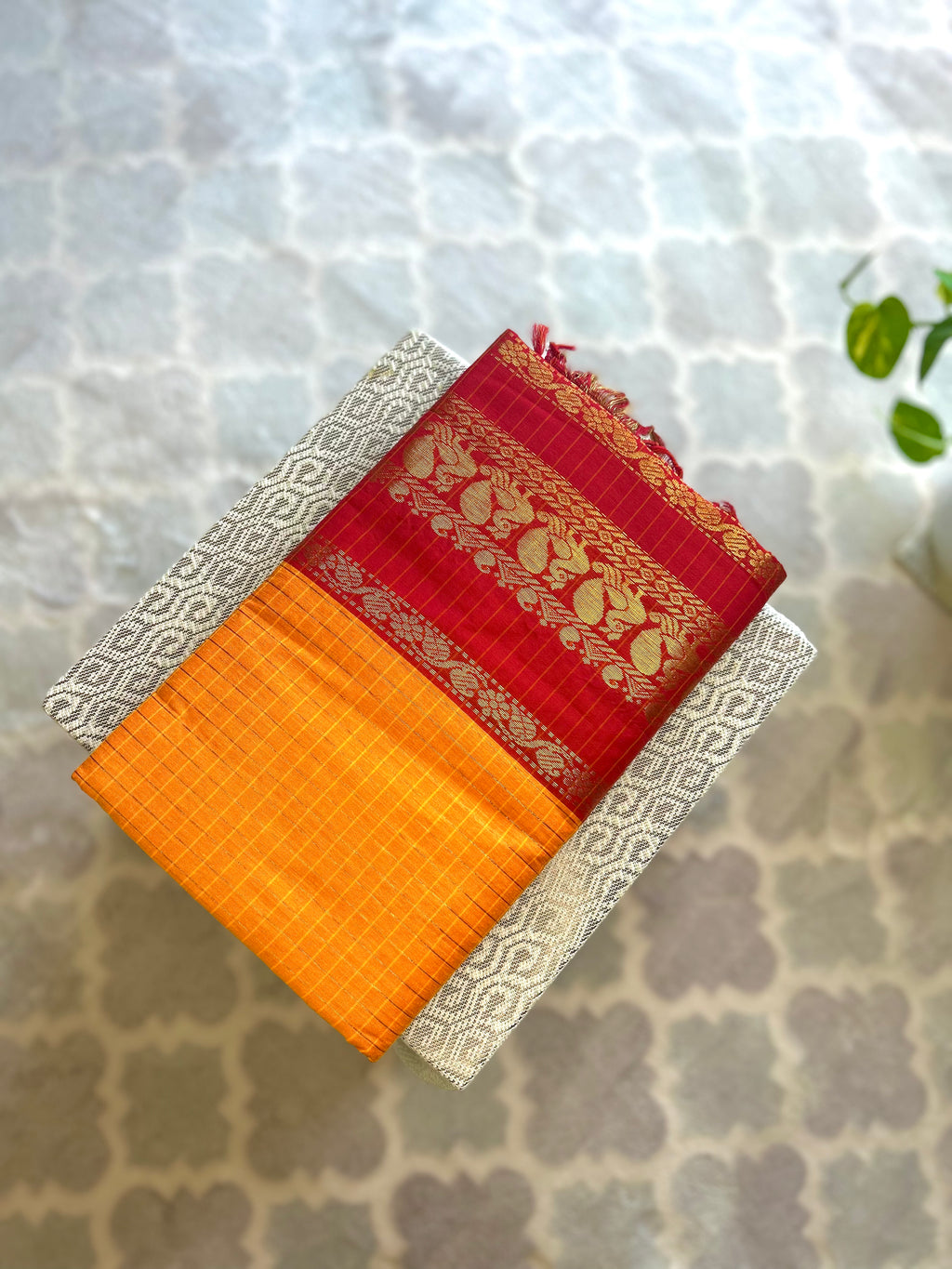 Mustard Yellow & Red Kalyani Cotton Saree