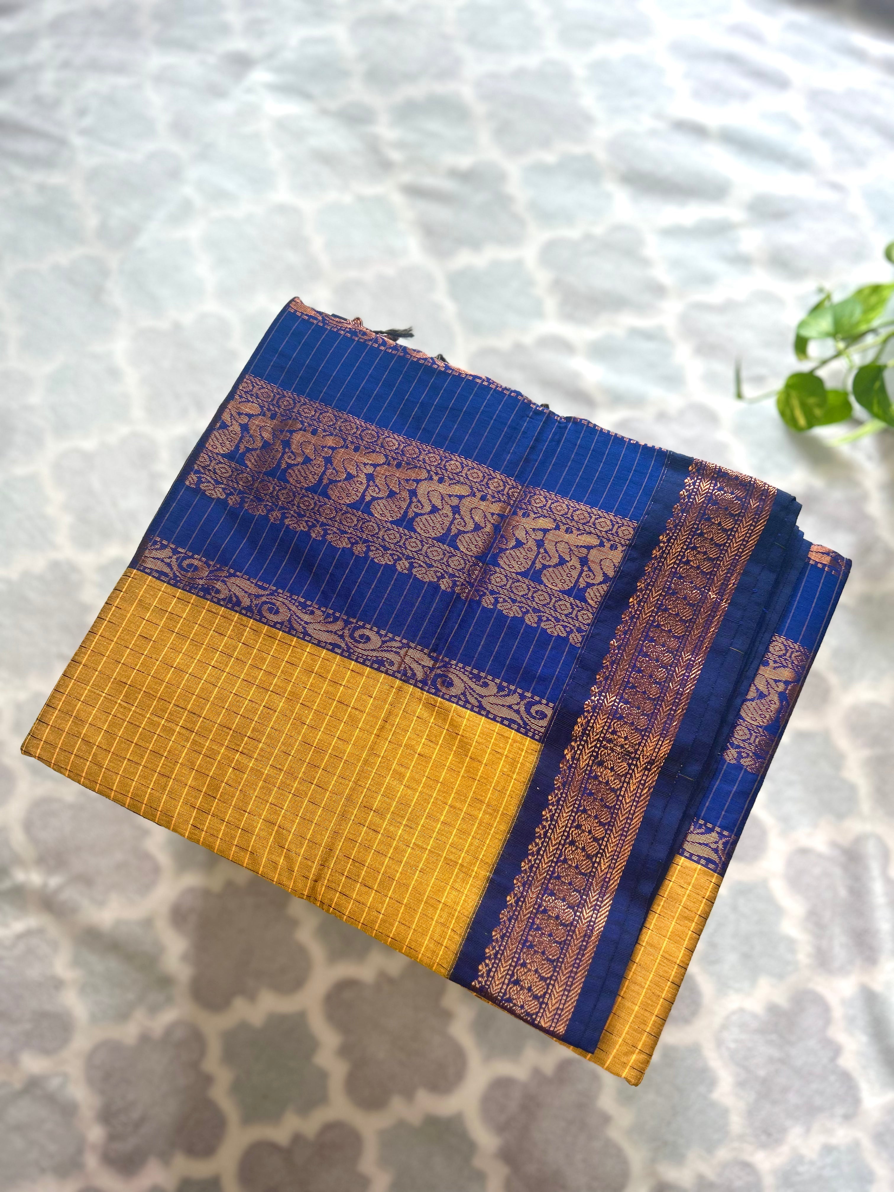 Kalyani Cotton Saree Blue & Mustard Yellow
