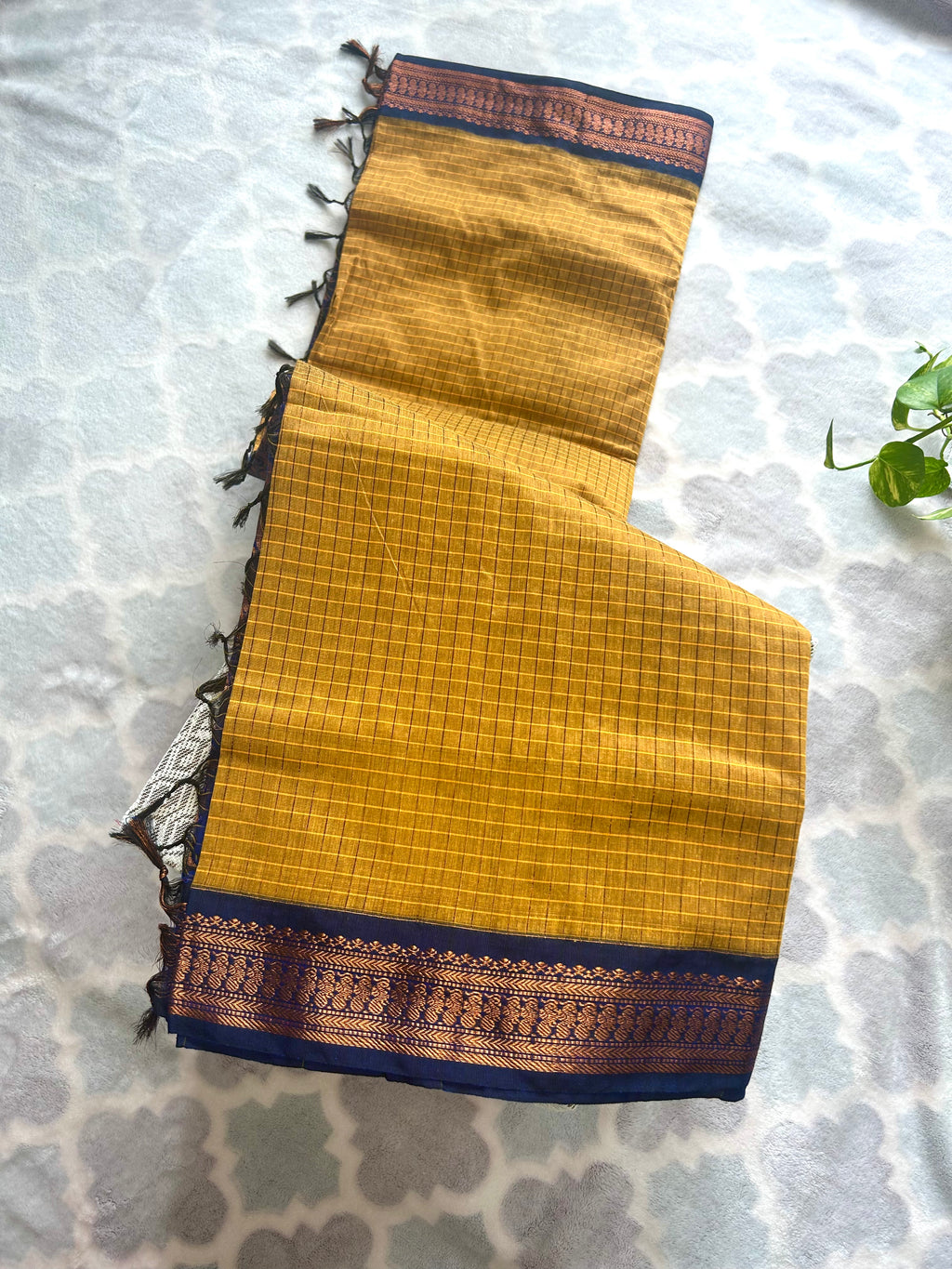 Kalyani Cotton Saree Blue & Mustard Yellow