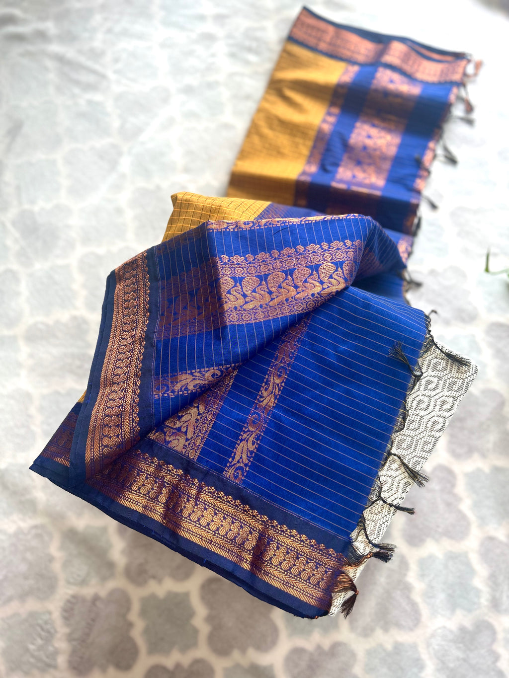 Kalyani Cotton Saree Blue & Mustard Yellow