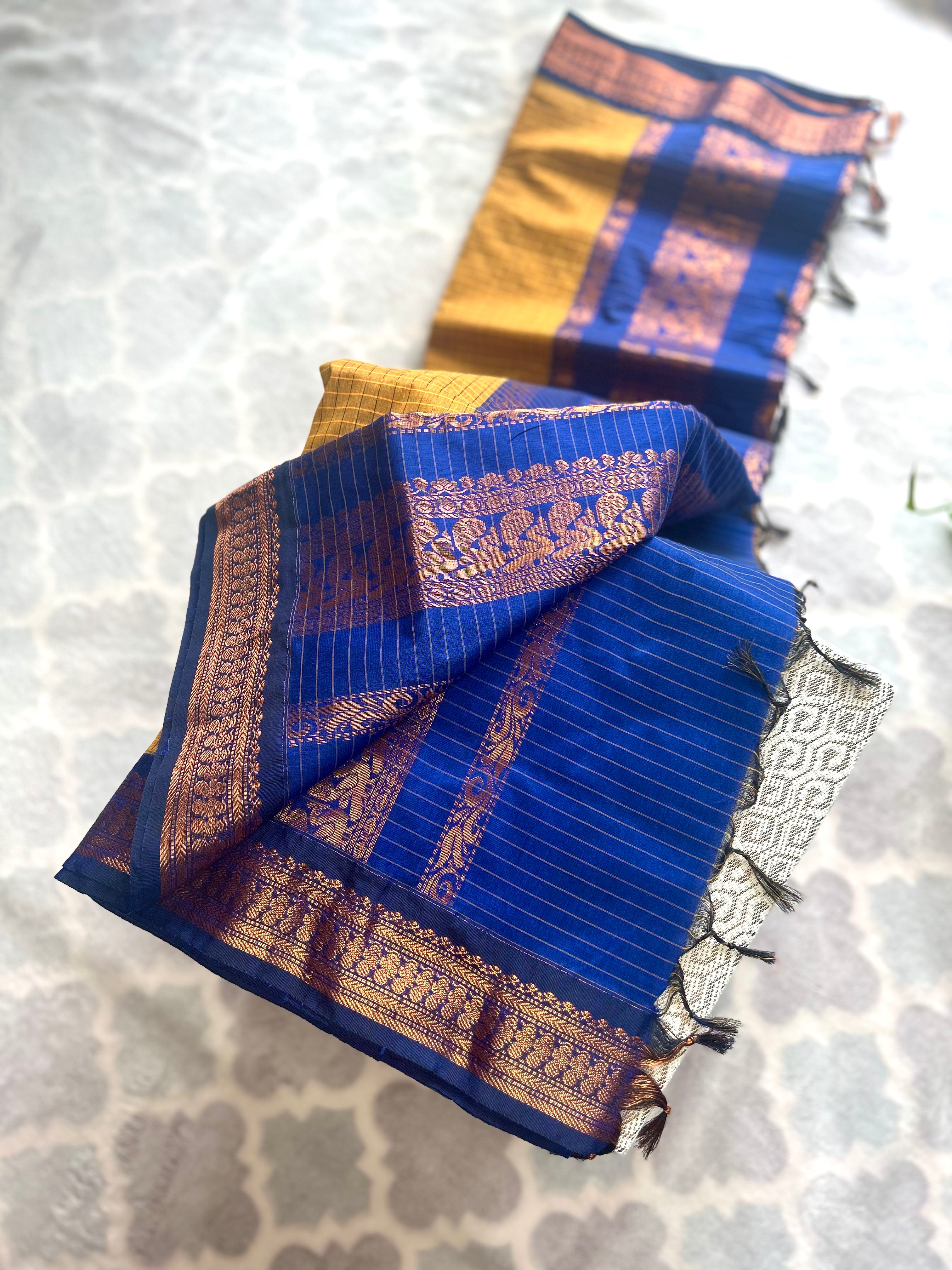 Kalyani Cotton Saree Blue & Mustard Yellow