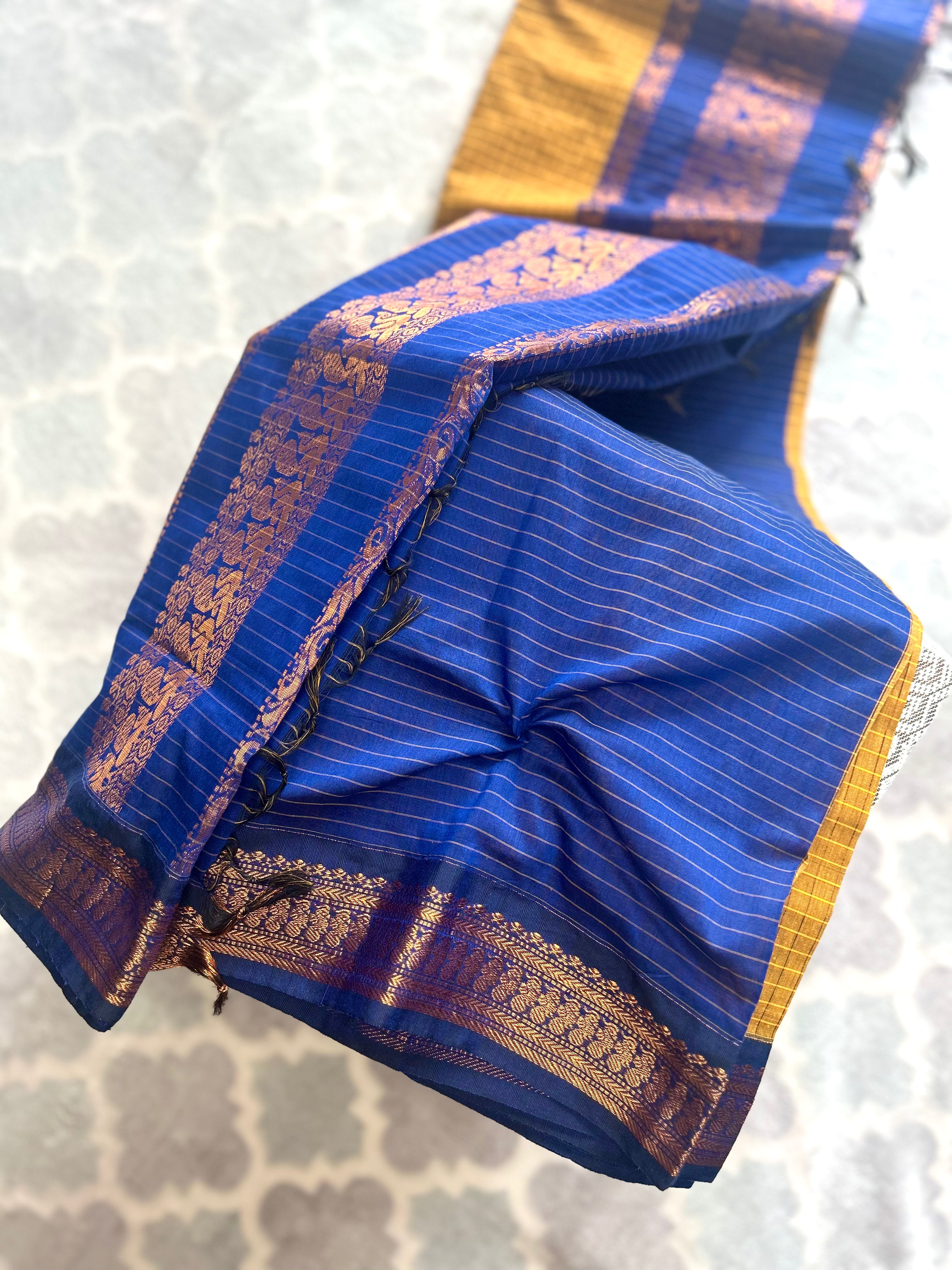 Kalyani Cotton Saree Blue & Mustard Yellow