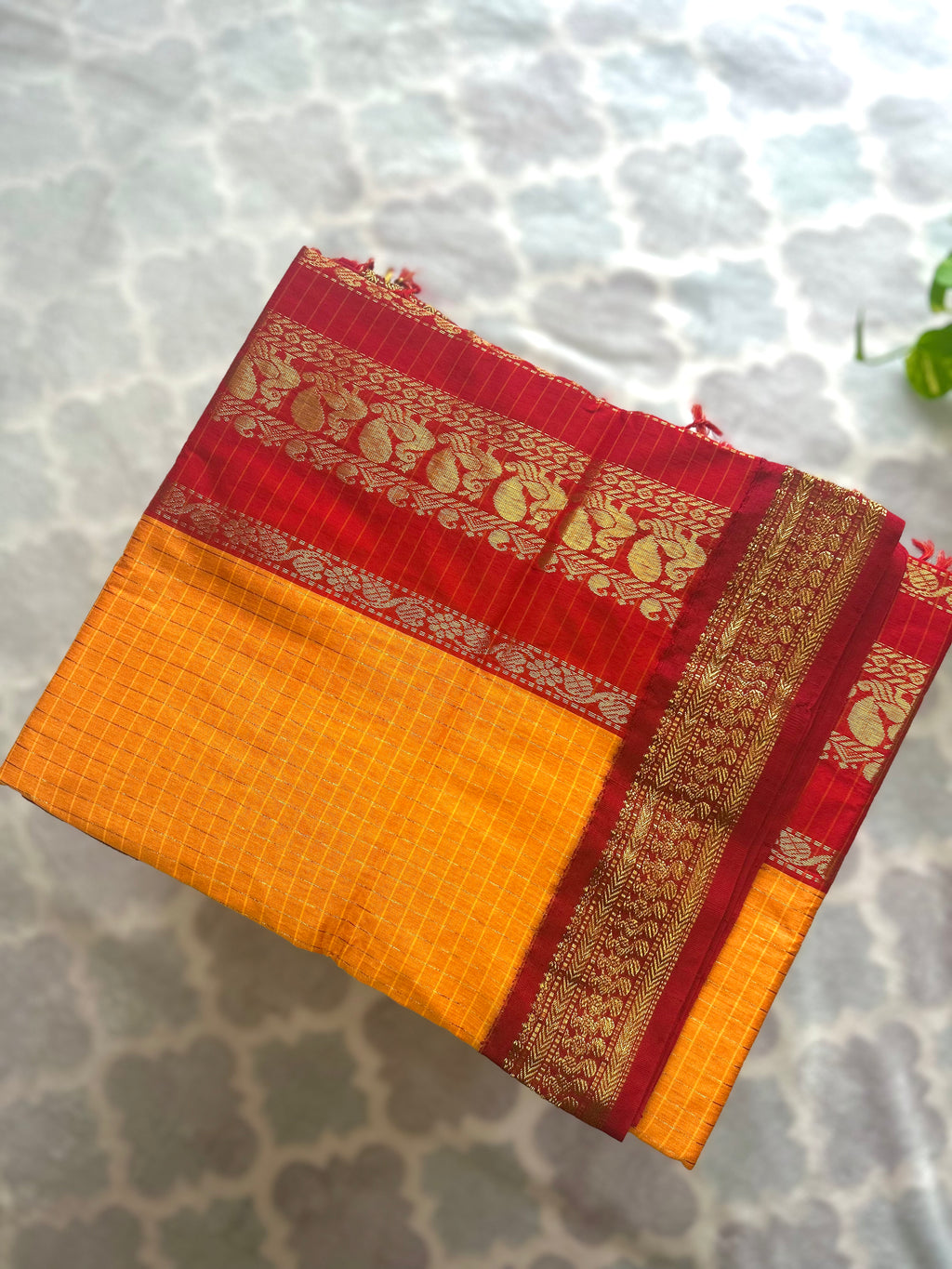 Mustard Yellow & Red Kalyani Cotton Saree