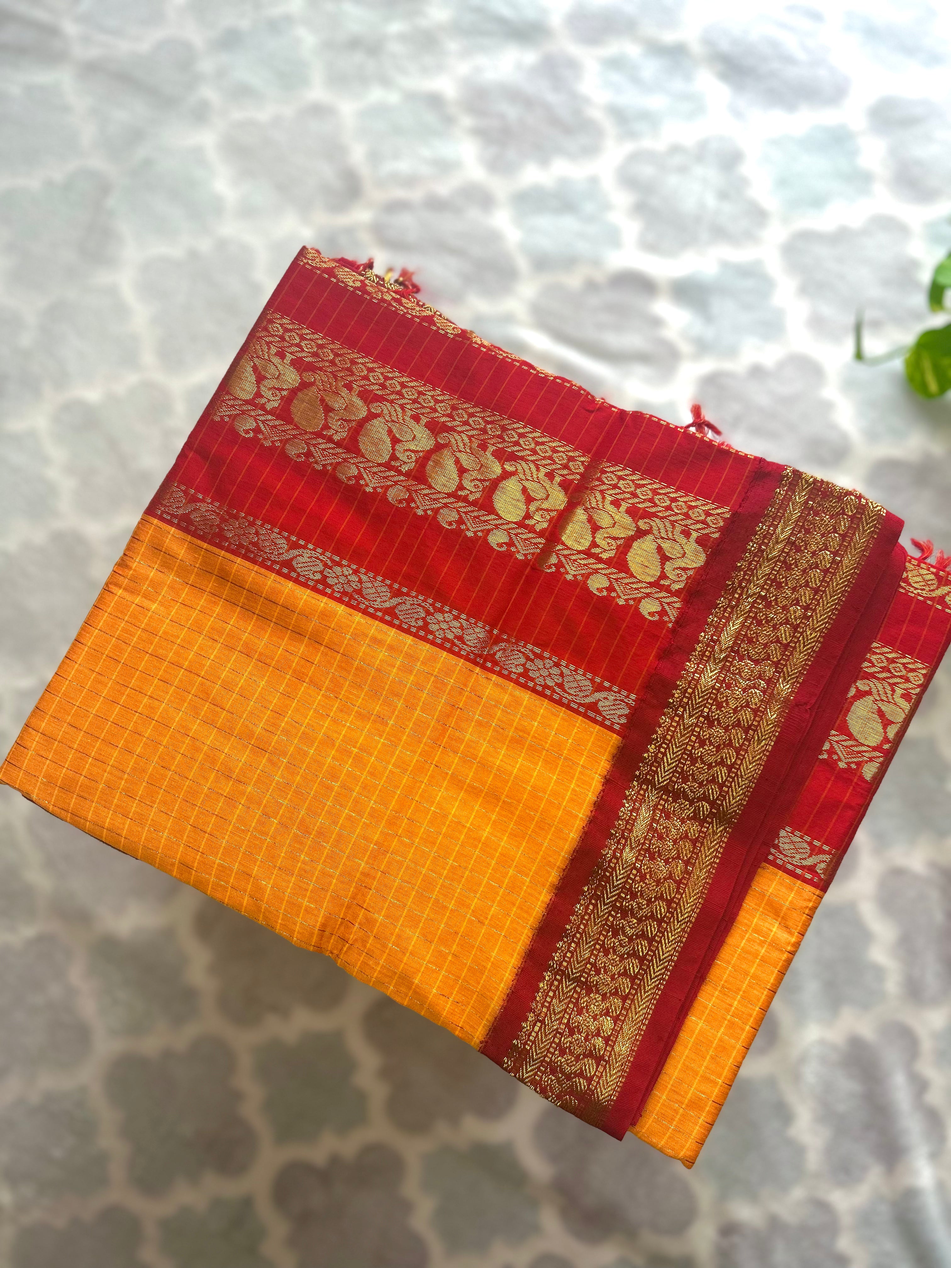 Mustard Yellow & Red Kalyani Cotton Saree