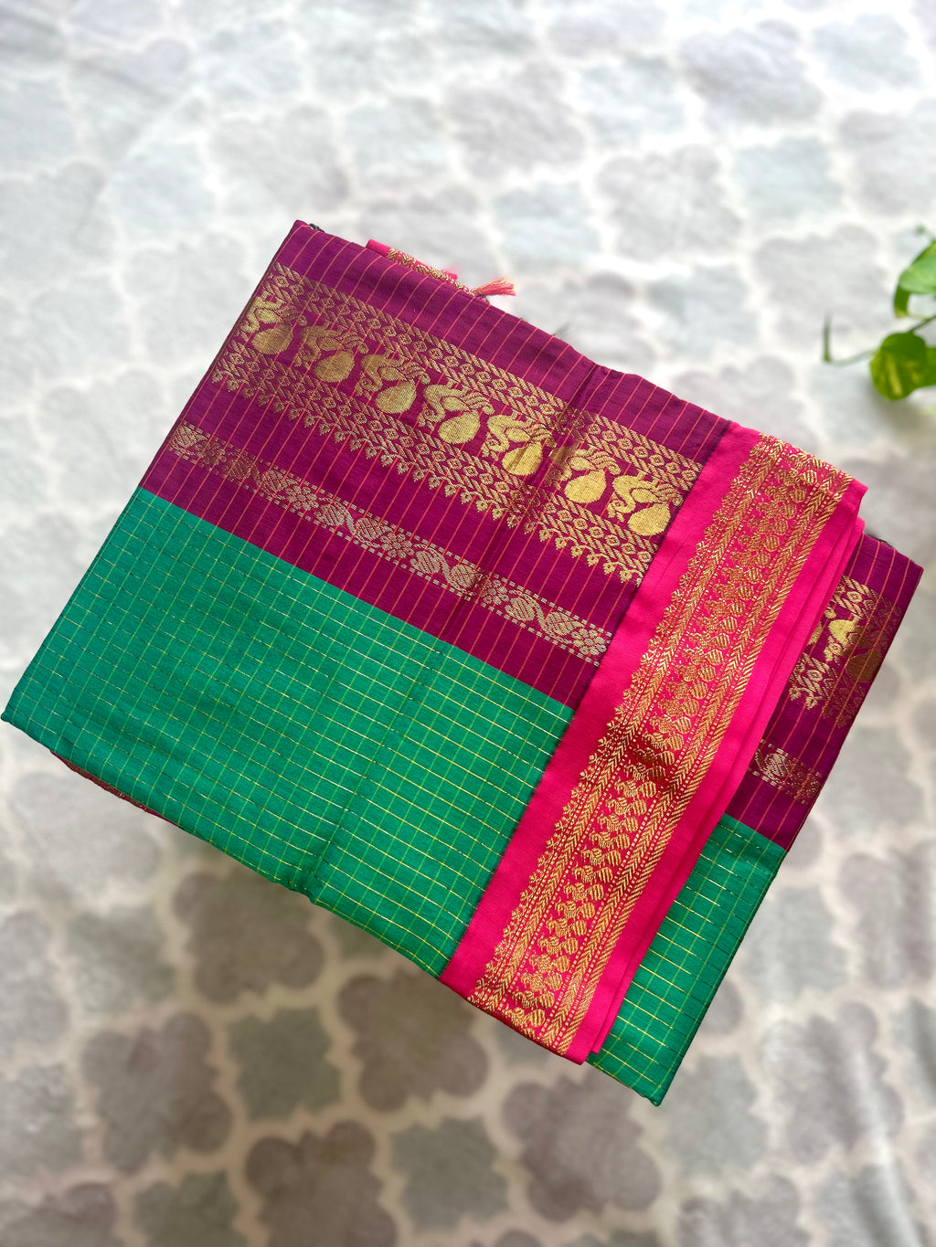 Classic Green & Magenta Checked Kalyani Cotton Saree