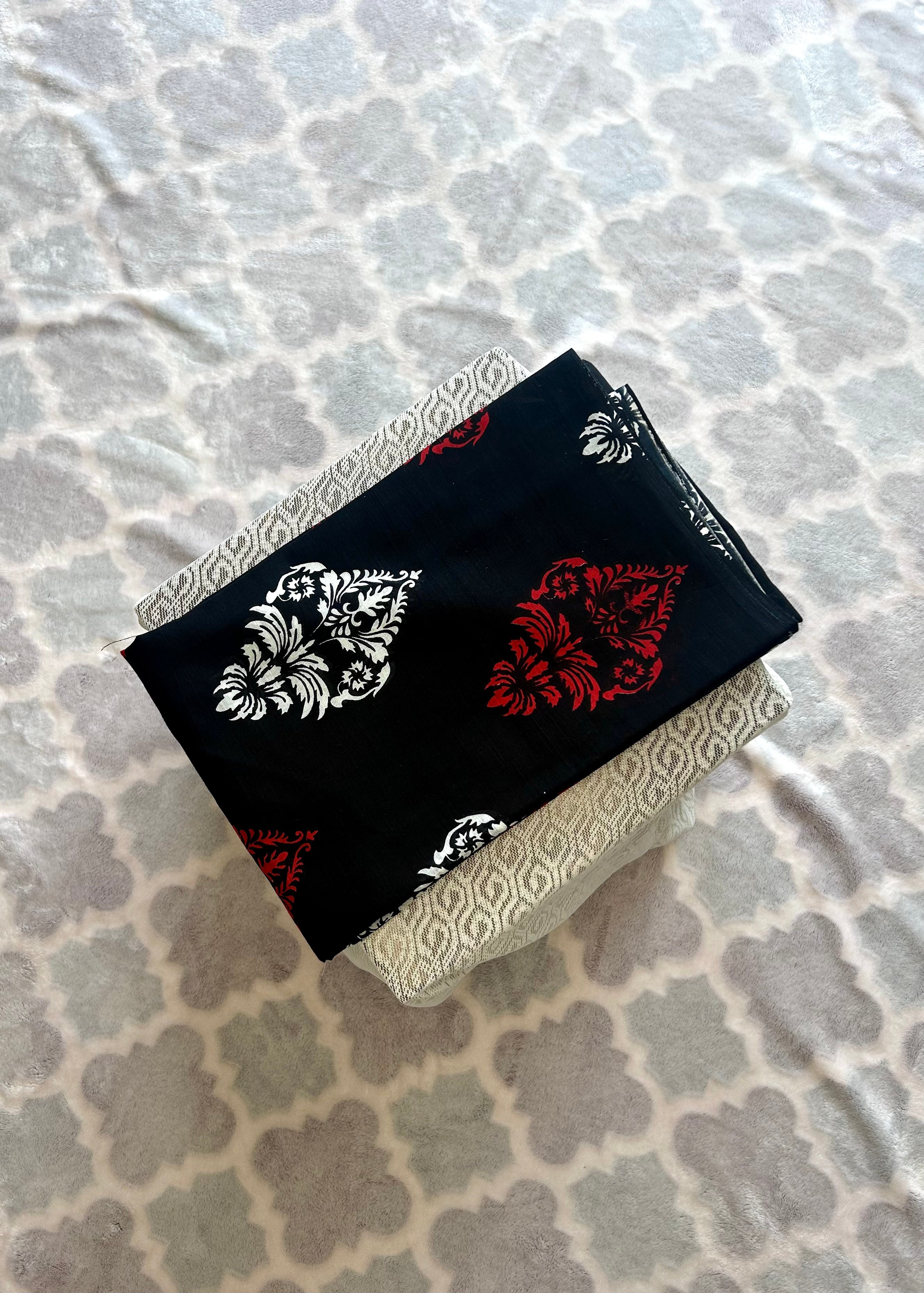 Black Mulmul Cotton Saree with Red & White Traditional Motifs