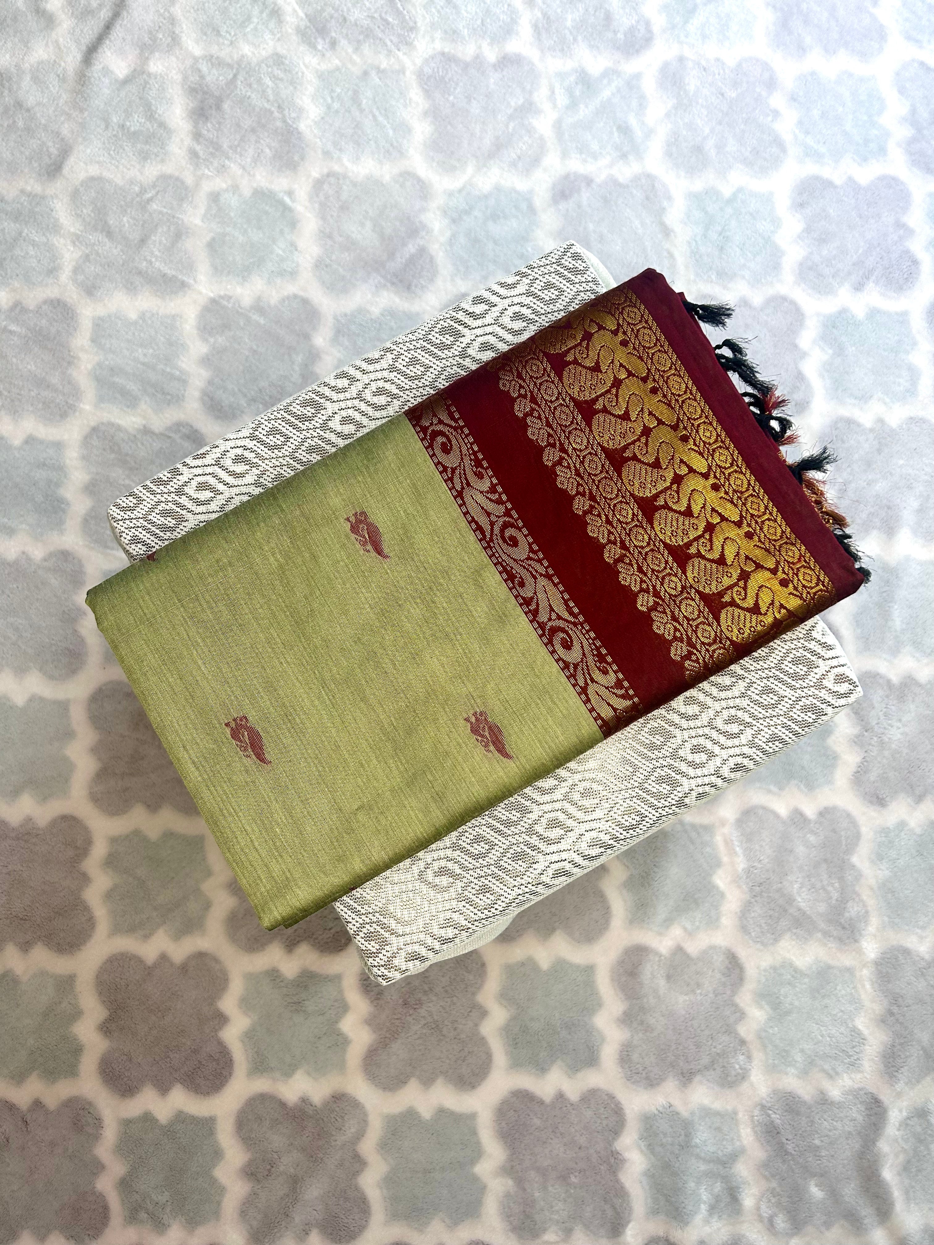 Olive Green Kalyani Cotton Saree with a deep maroon border