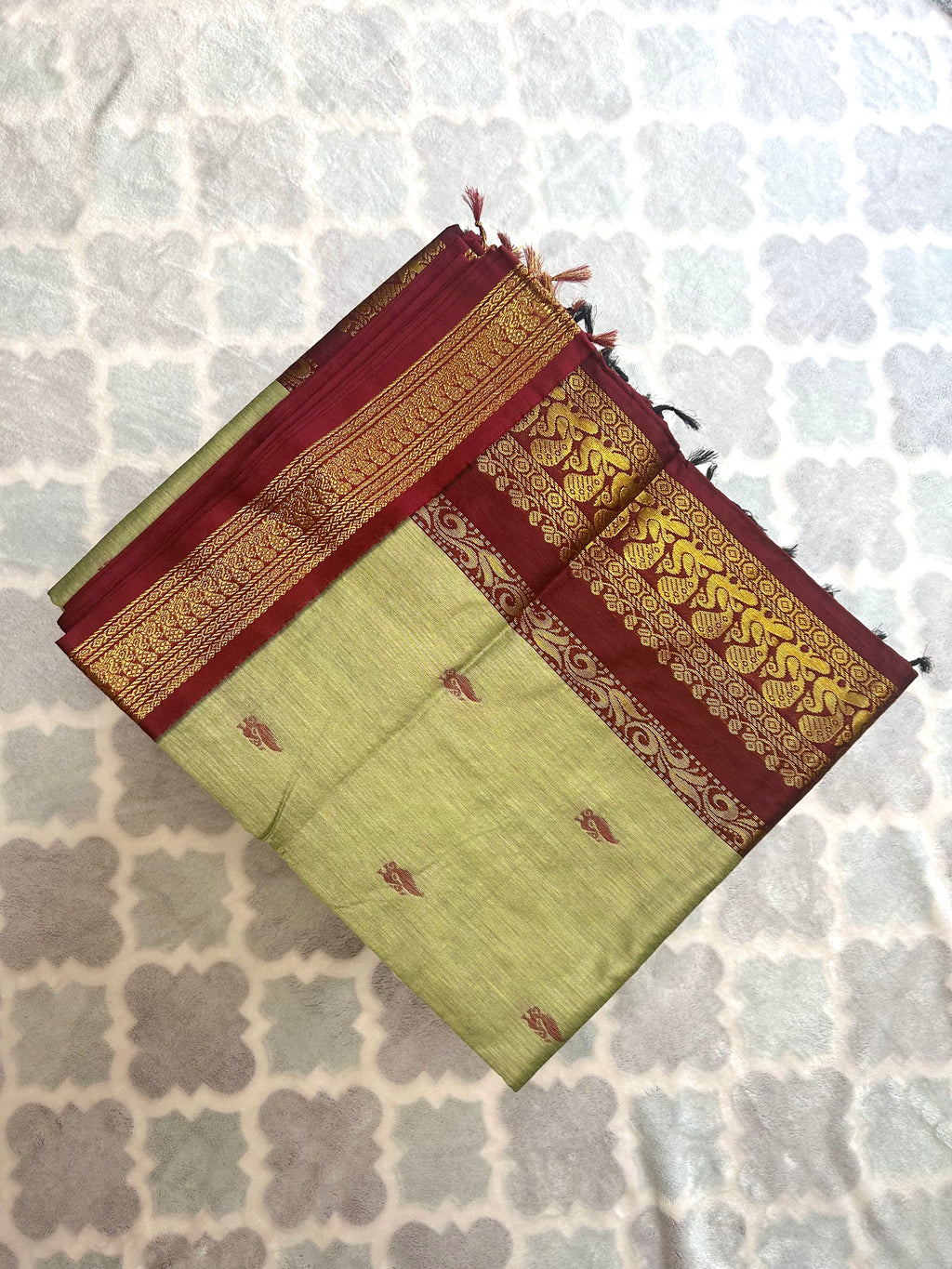 Olive Green Kalyani Cotton Saree with a deep maroon border