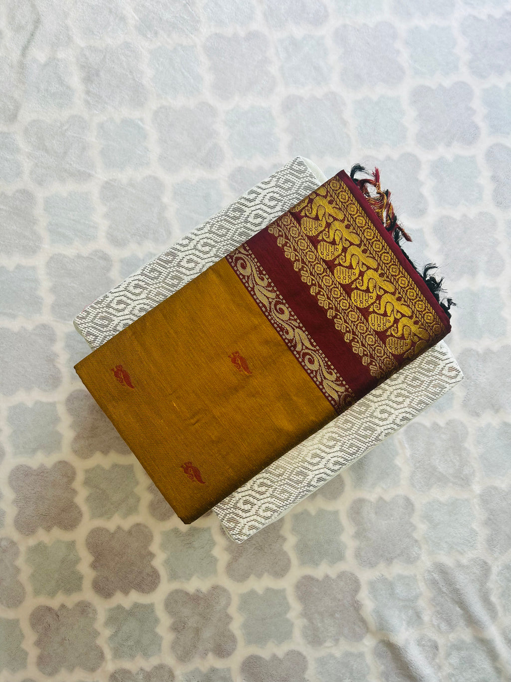 Mustard Yellow & Maroon Kalyani Cotton Saree