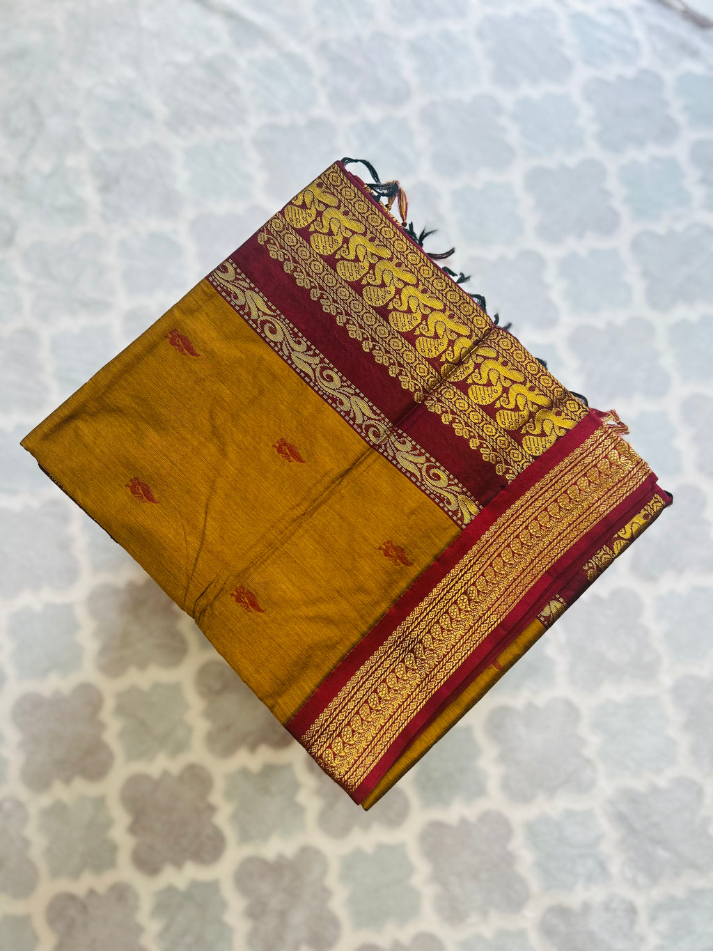 Mustard Yellow & Maroon Kalyani Cotton Saree