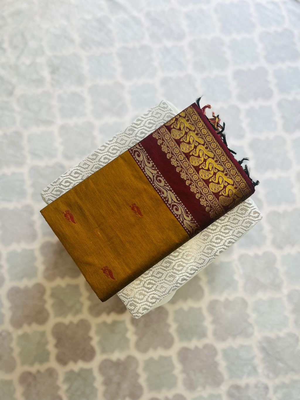 Mustard Yellow & Maroon Kalyani Cotton Saree