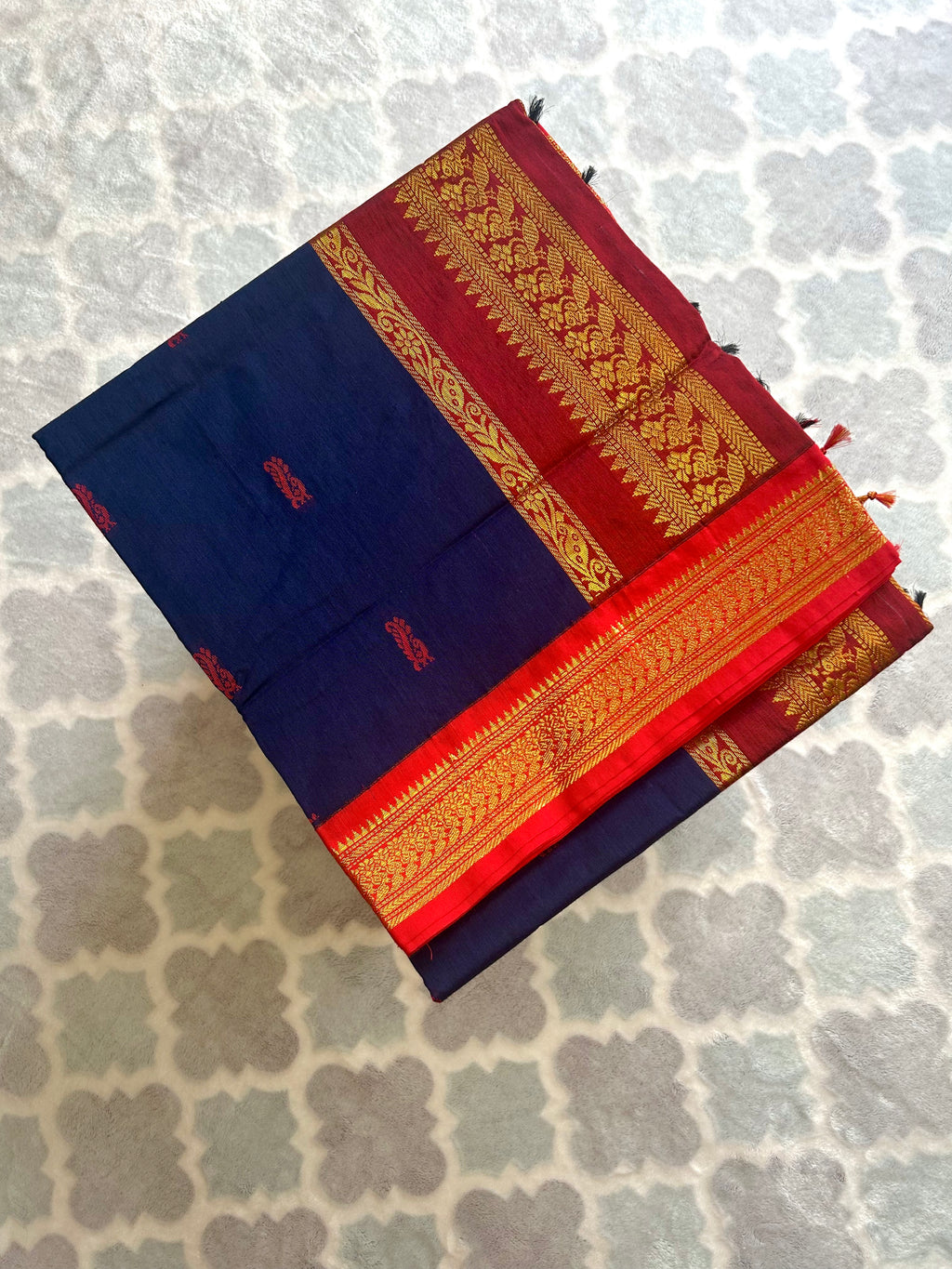 Navy Blue & Red Kalyani Cotton Saree