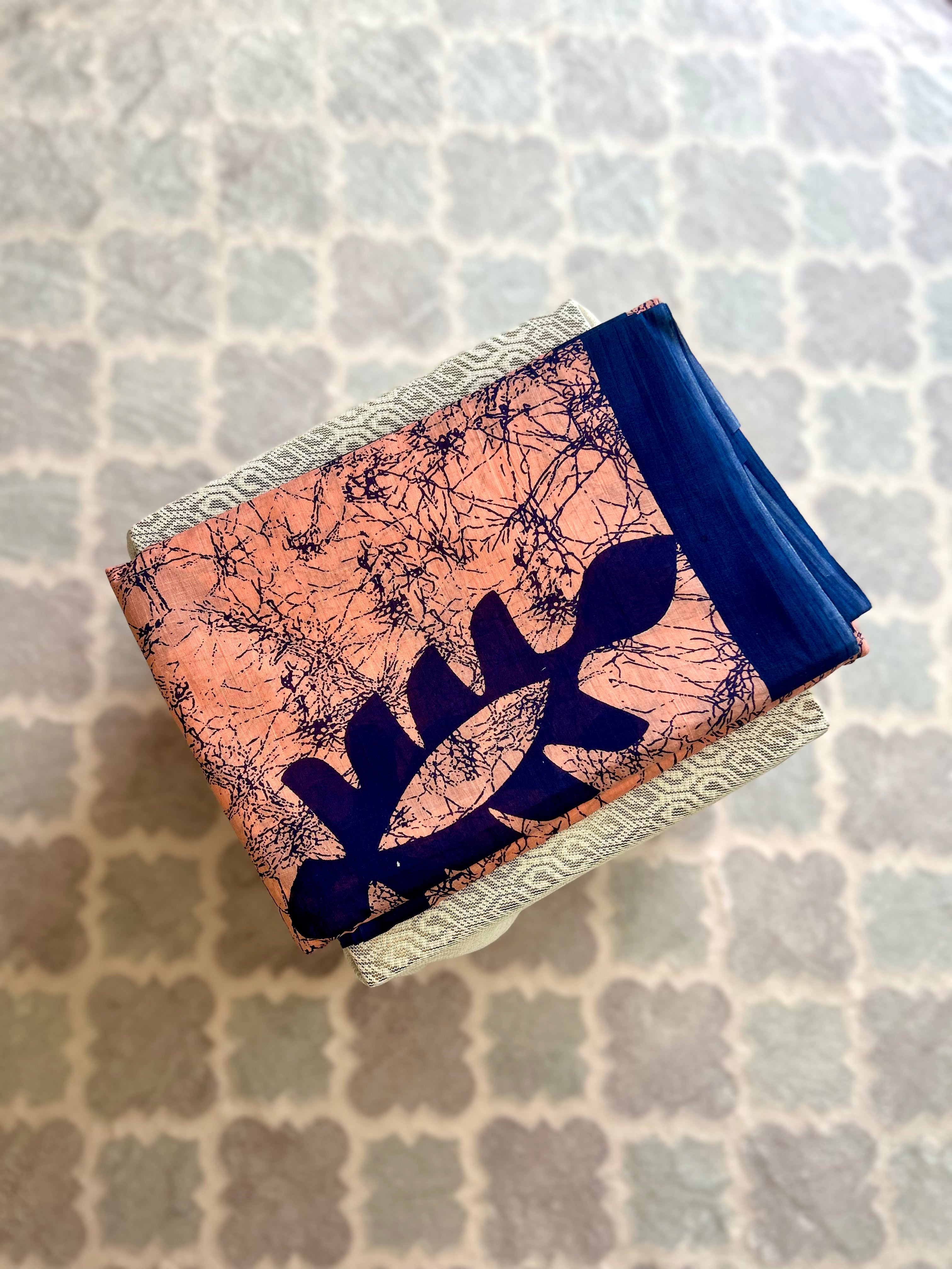 Peach Mulmul Cotton Saree with Navy Blue Abstract Leaf Print