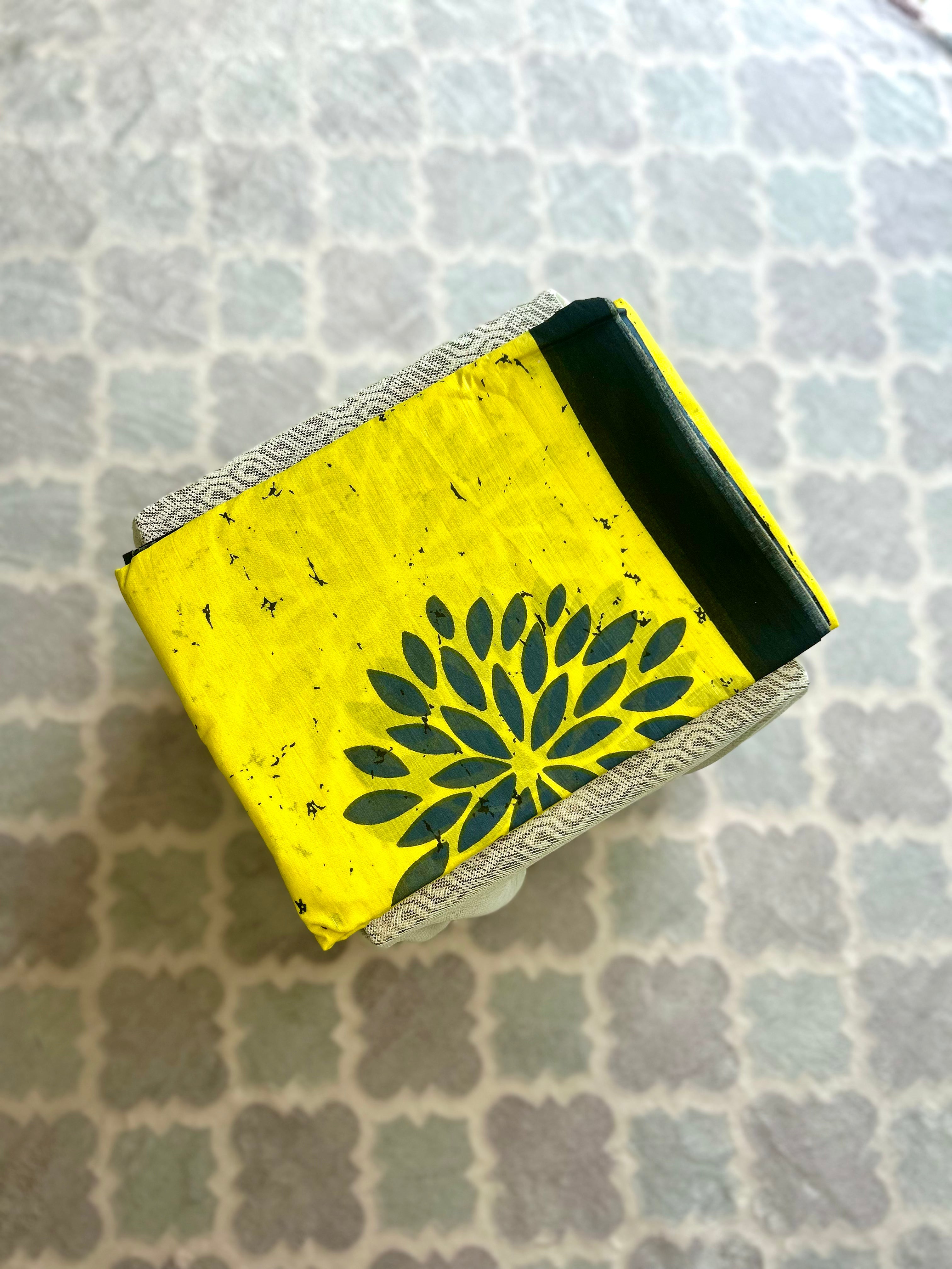 Yellow Mulmul Cotton Saree with Leaf Motif