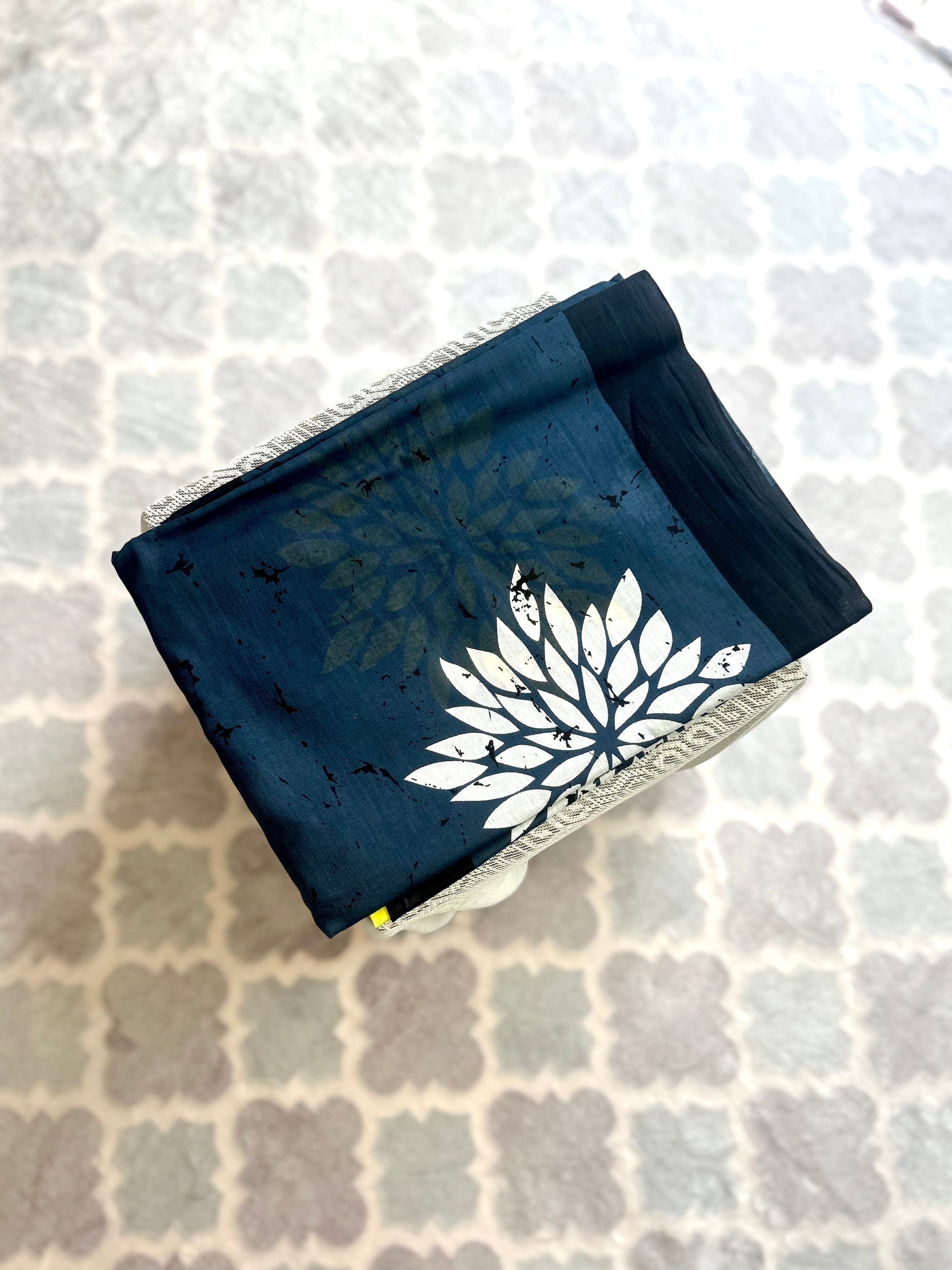 Deep Blue Mulmul Cotton Saree with White Leaf Motif