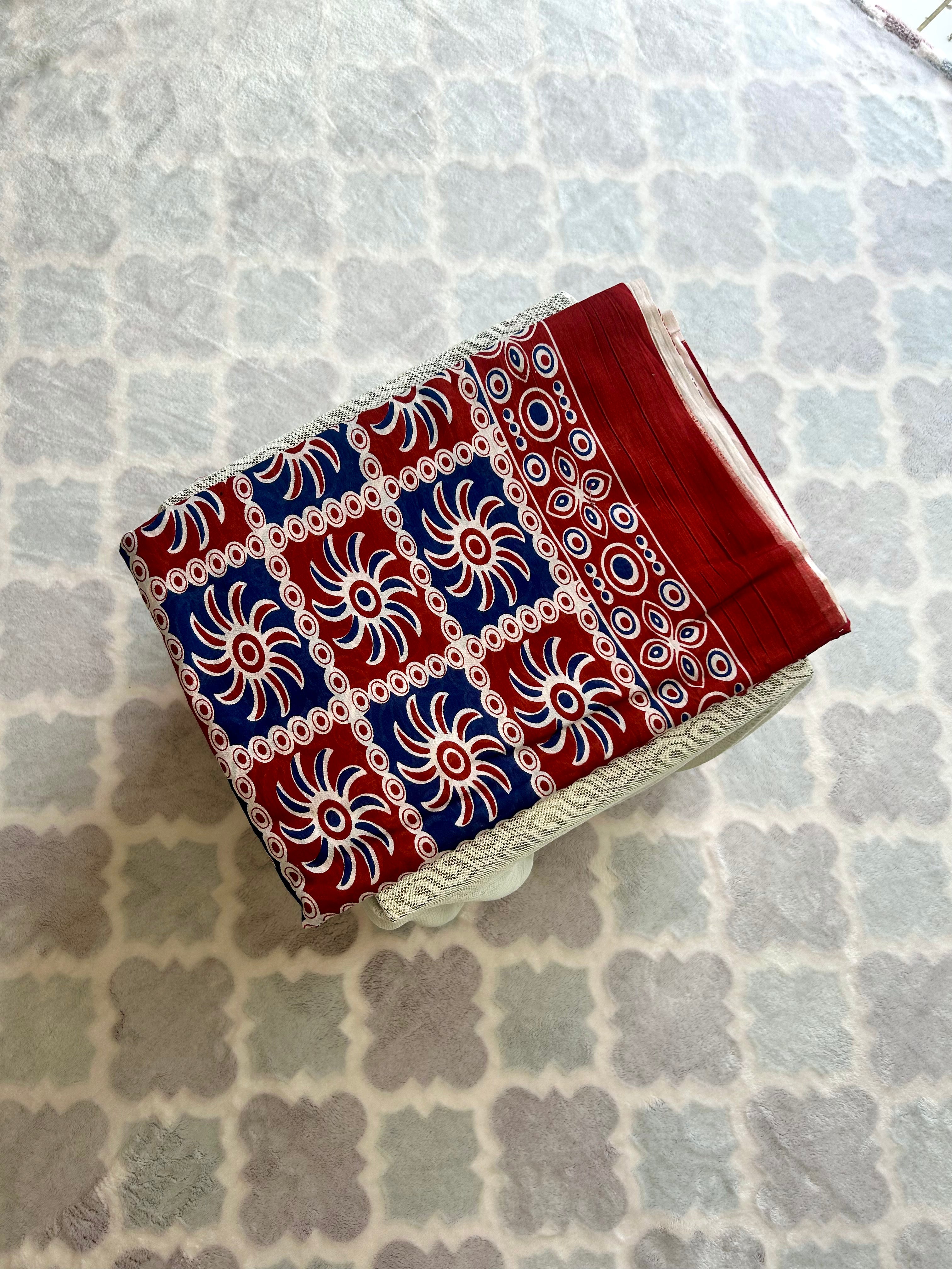 Red & Blue Mulmul Cotton Saree with Traditional Print