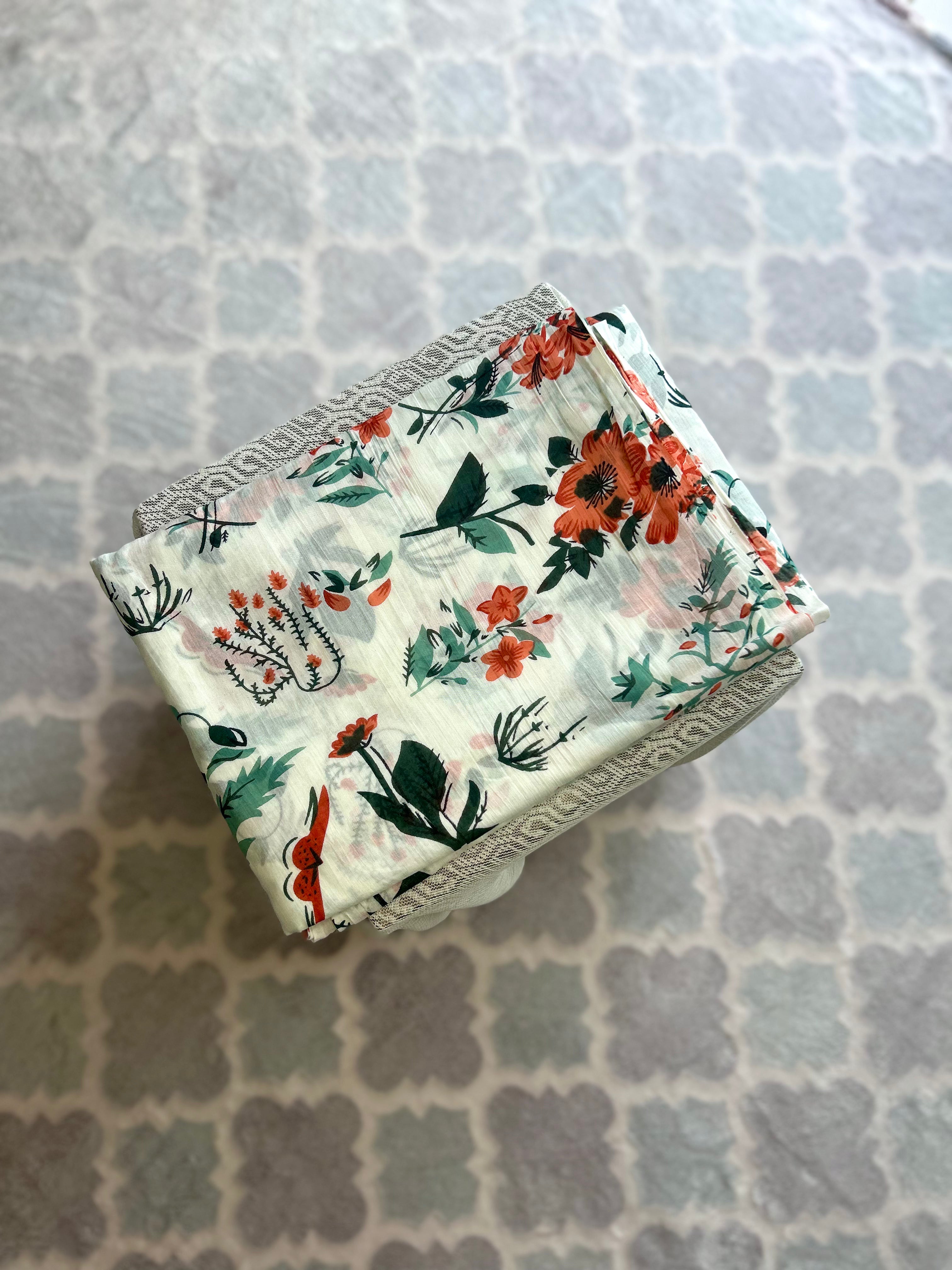 White Mulmul Cotton Saree with Floral Print