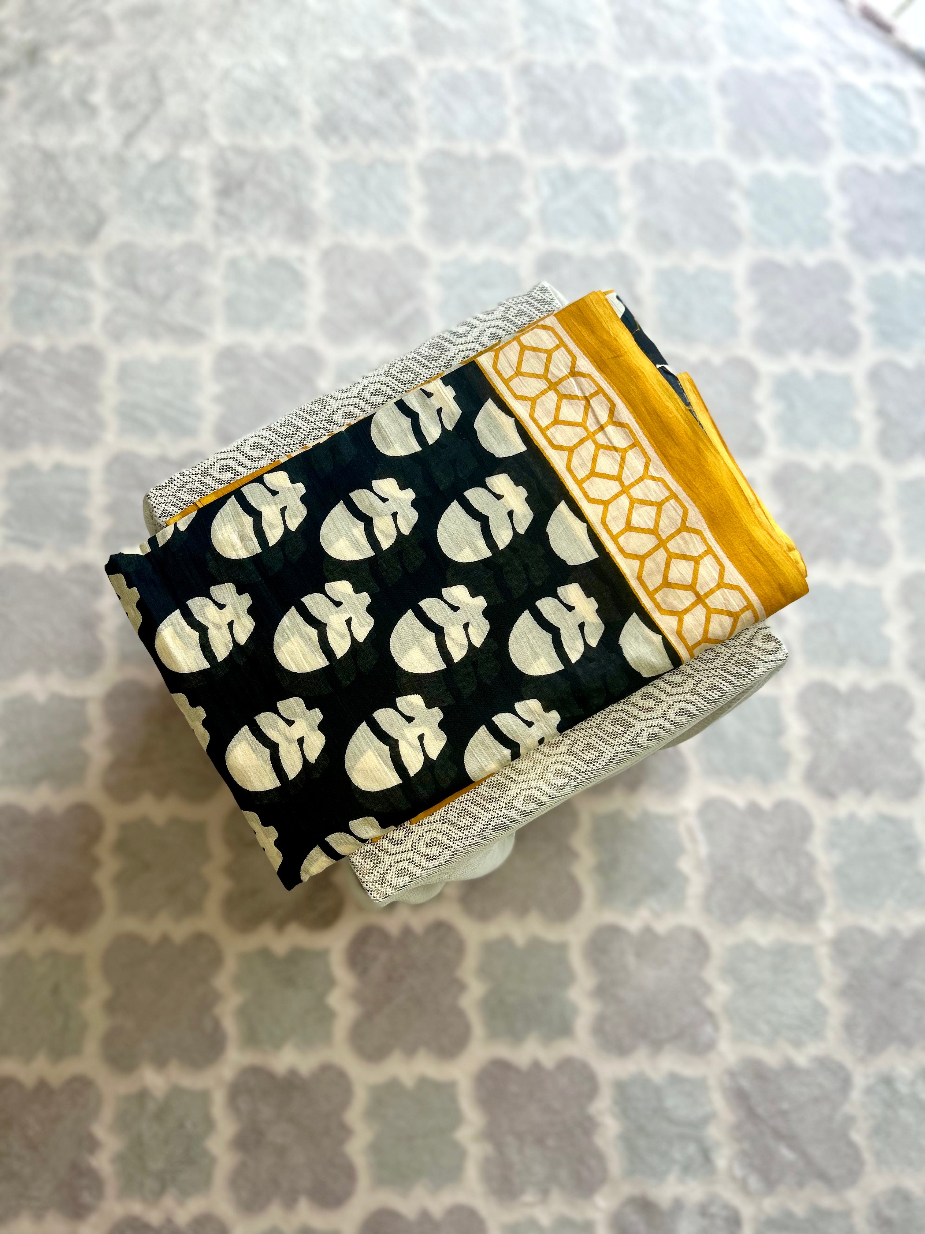 Black Mulmul Cotton Saree with Off-White Motifs & Mustard Border