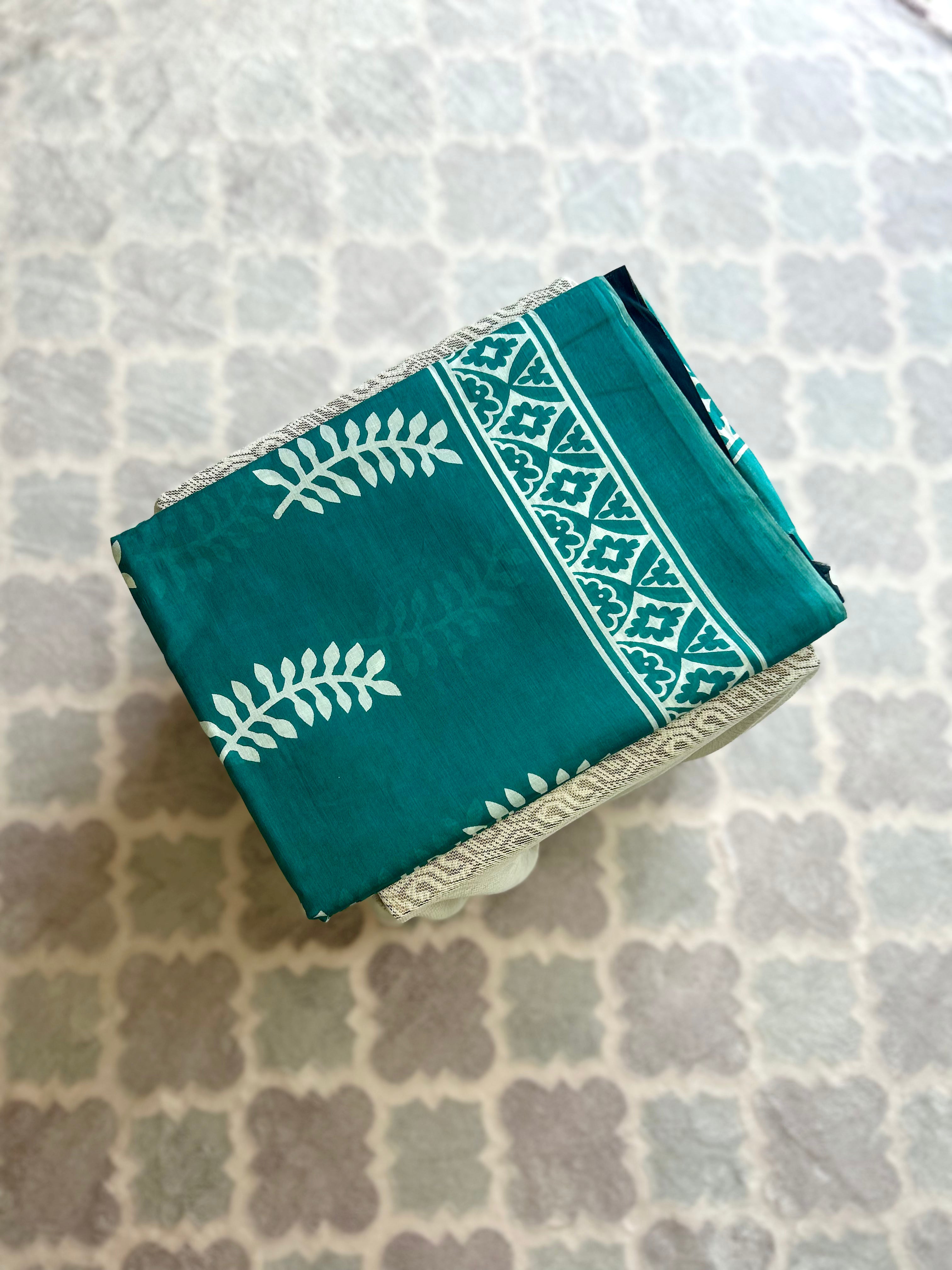 Teal Green Mulmul Cotton Saree with White Hand Block Print