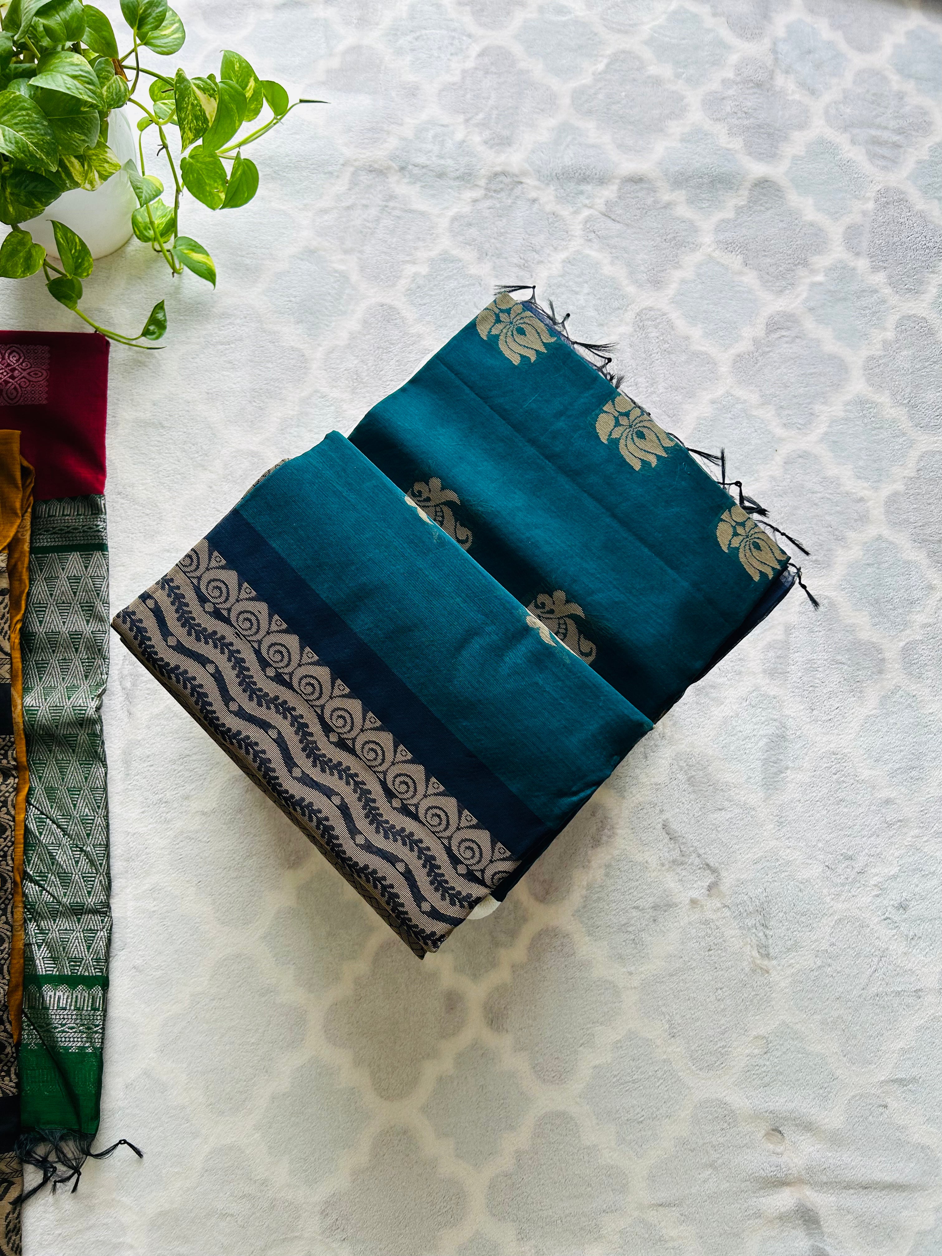 Teal Blue Silk Cotton Saree with Woven Motifs & Contrast Border