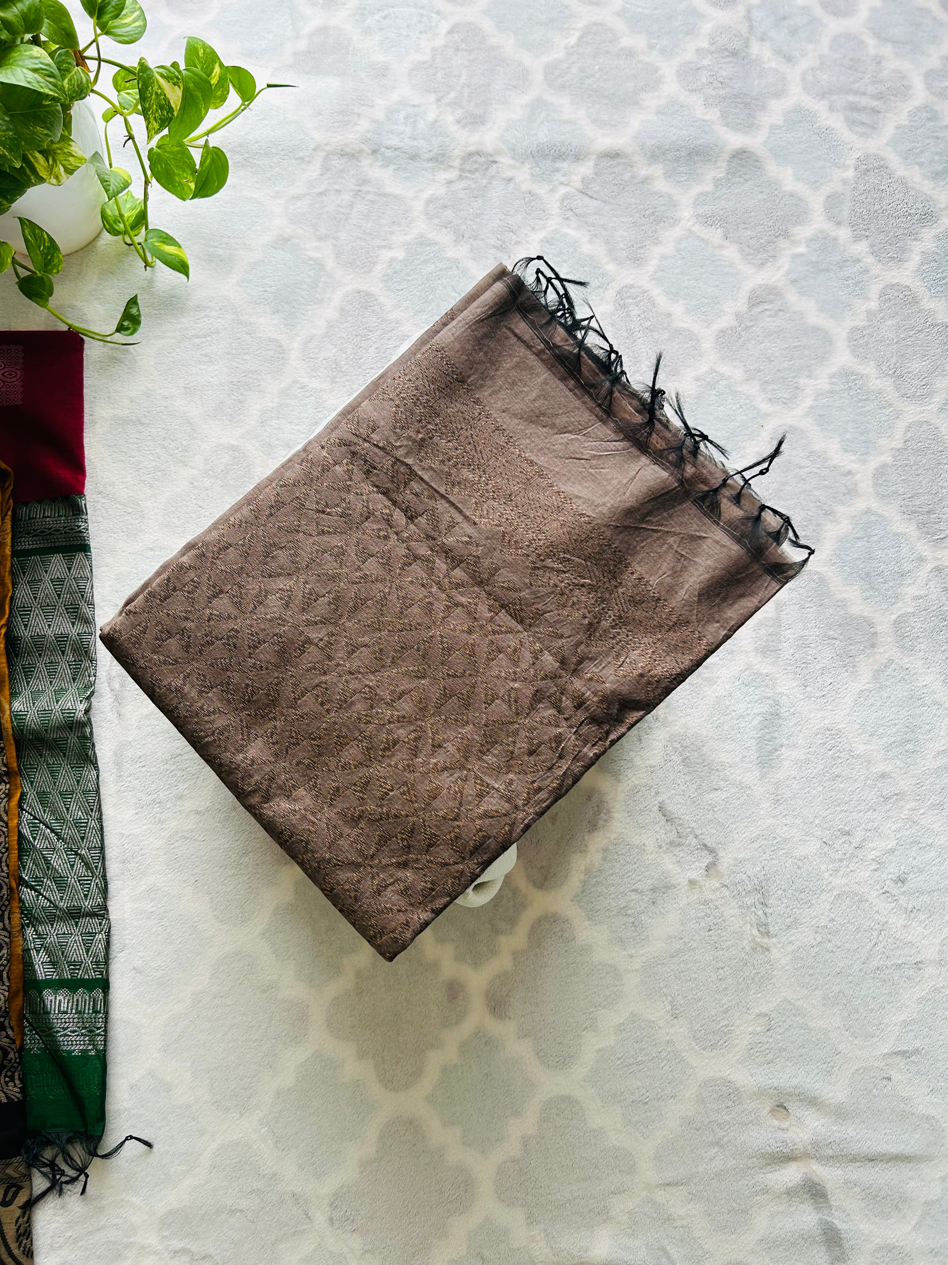 Earth Brown Silk Cotton Saree with Subtle Woven Texture