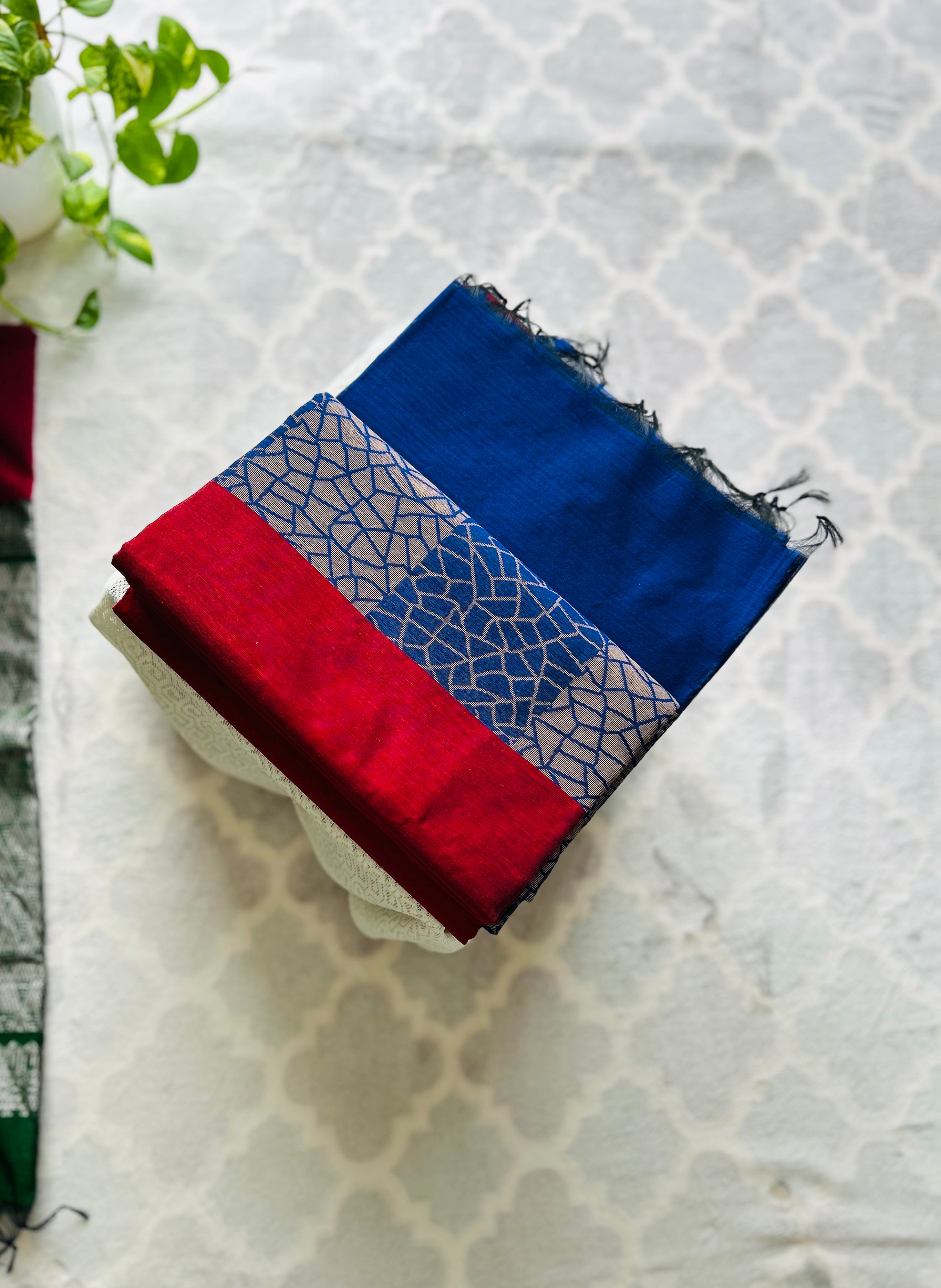 Red & Royal Blue Cotton Saree with Geometric Woven Border