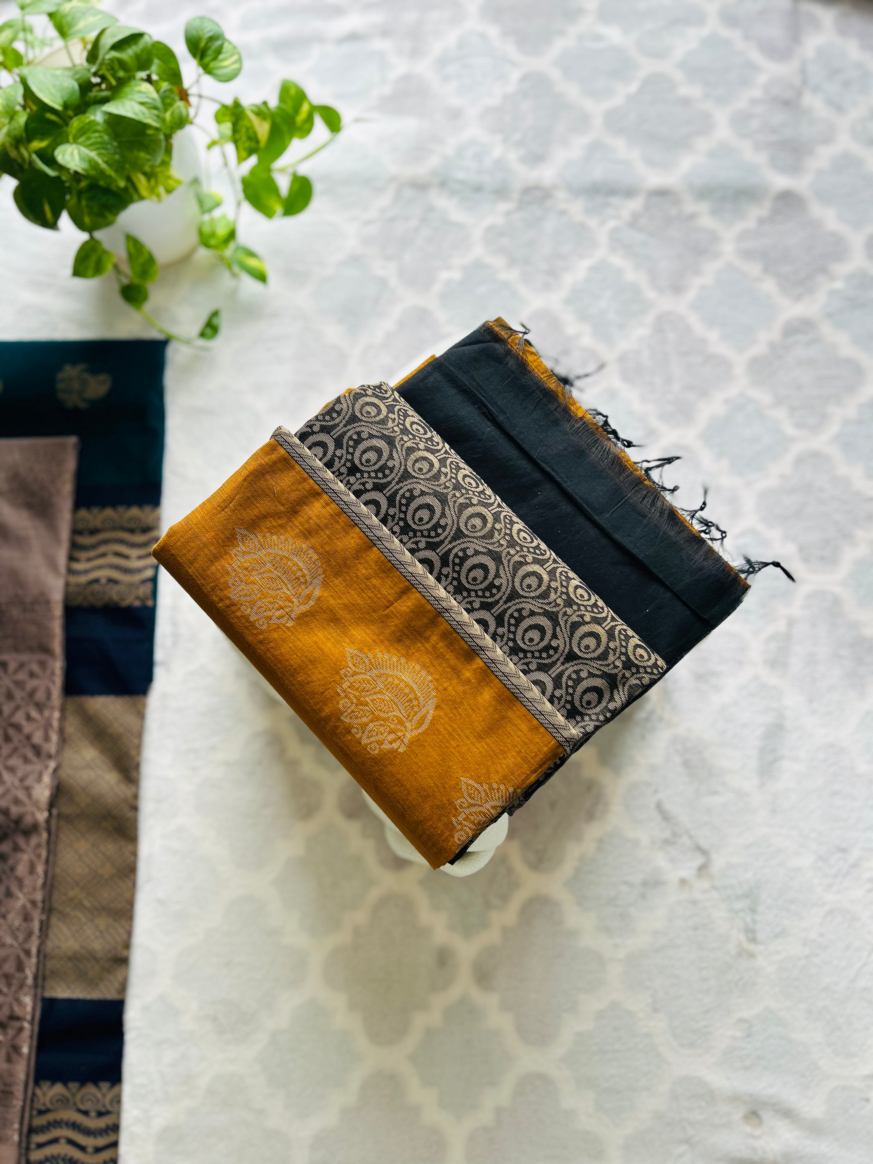 Mustard Yellow & Black Silk Cotton Saree with Woven Motifs