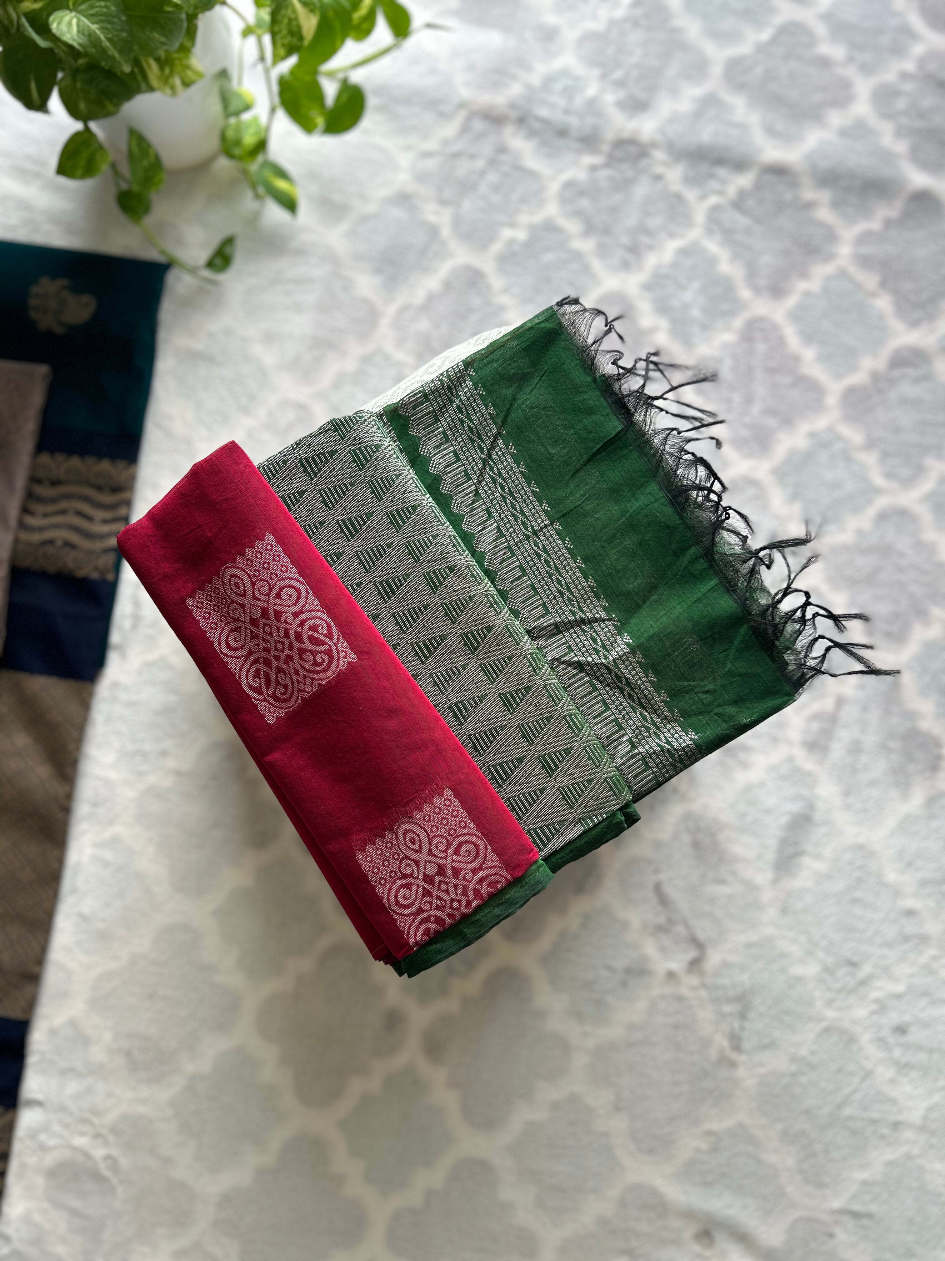 Maroon & Green Silk Cotton Saree with Woven Border