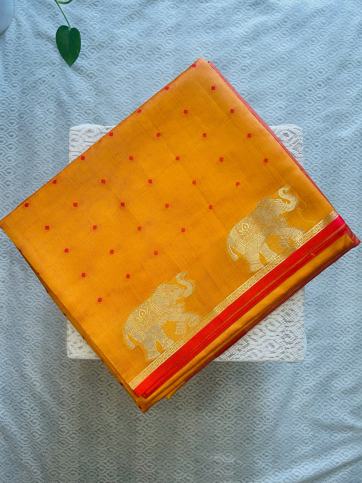 Mustard Yellow & Deep Red Kora Silk Saree