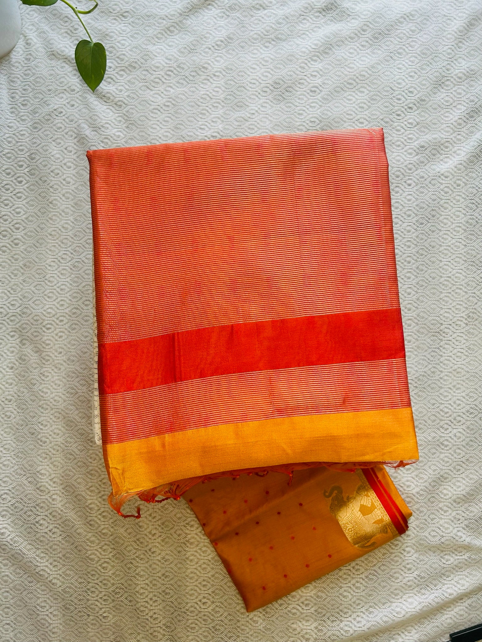 Mustard Yellow & Deep Red Kora Silk Saree