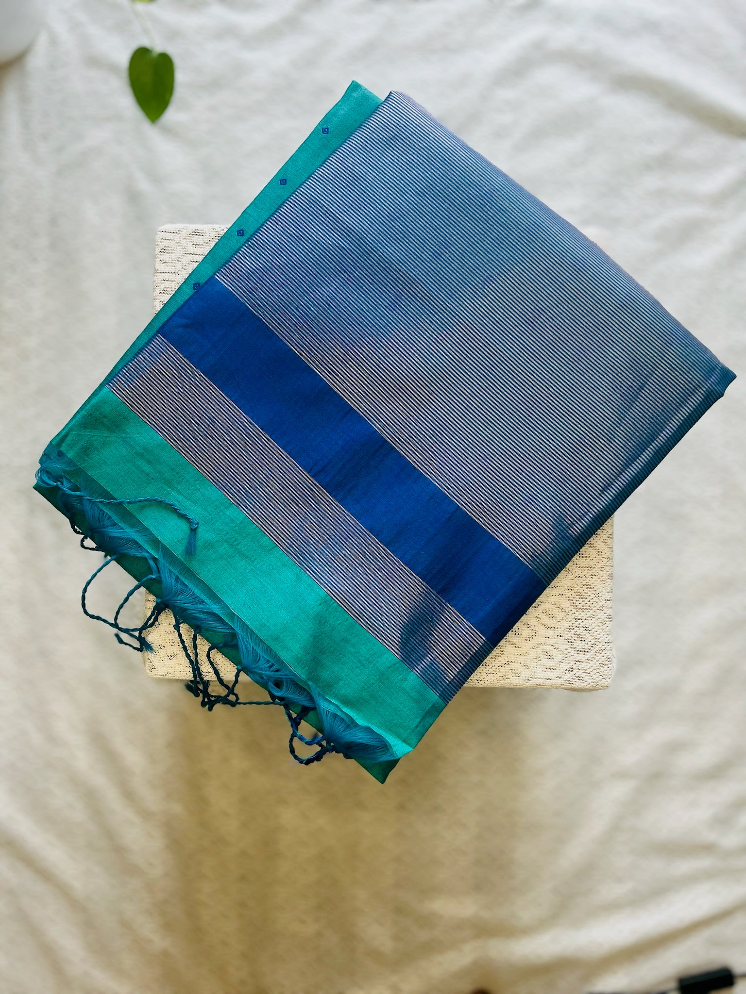 Peacock Teal & Navy Blue Pallu Kora Silk Saree