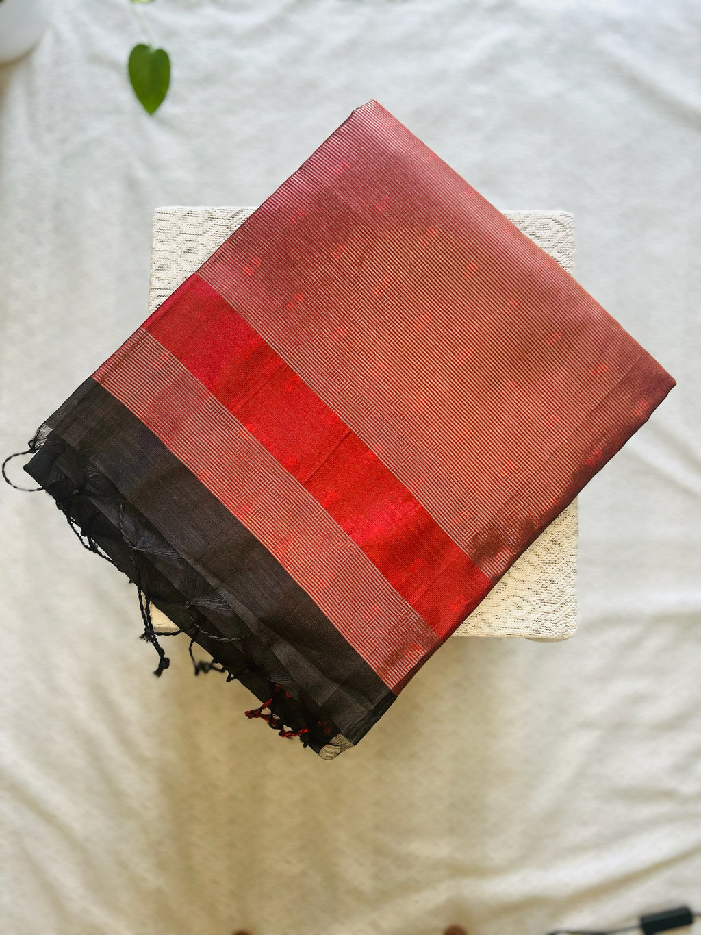 Deep Black & Deep Crimson Red Kora Silk Saree
