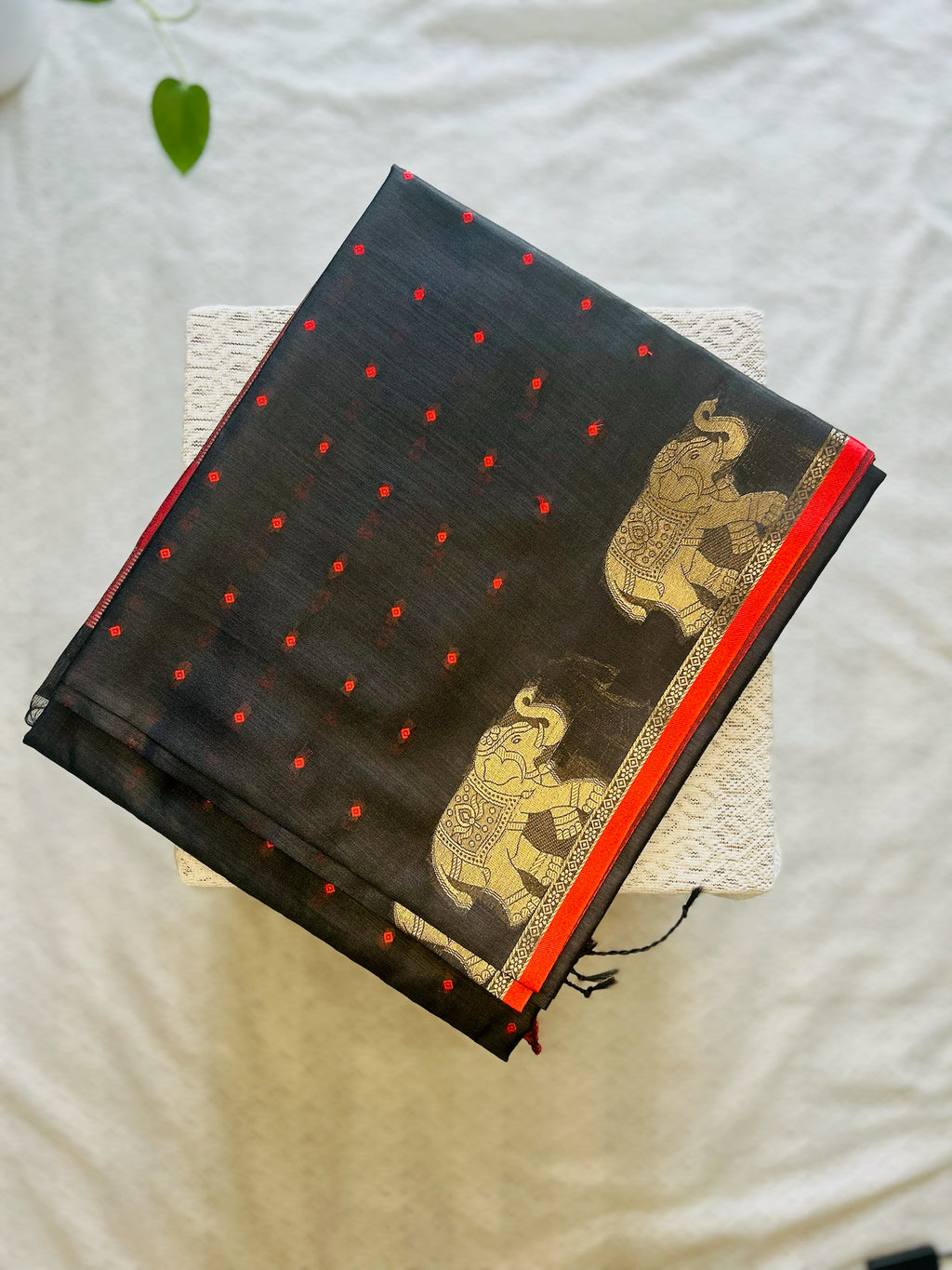 Deep Black & Deep Crimson Red Kora Silk Saree