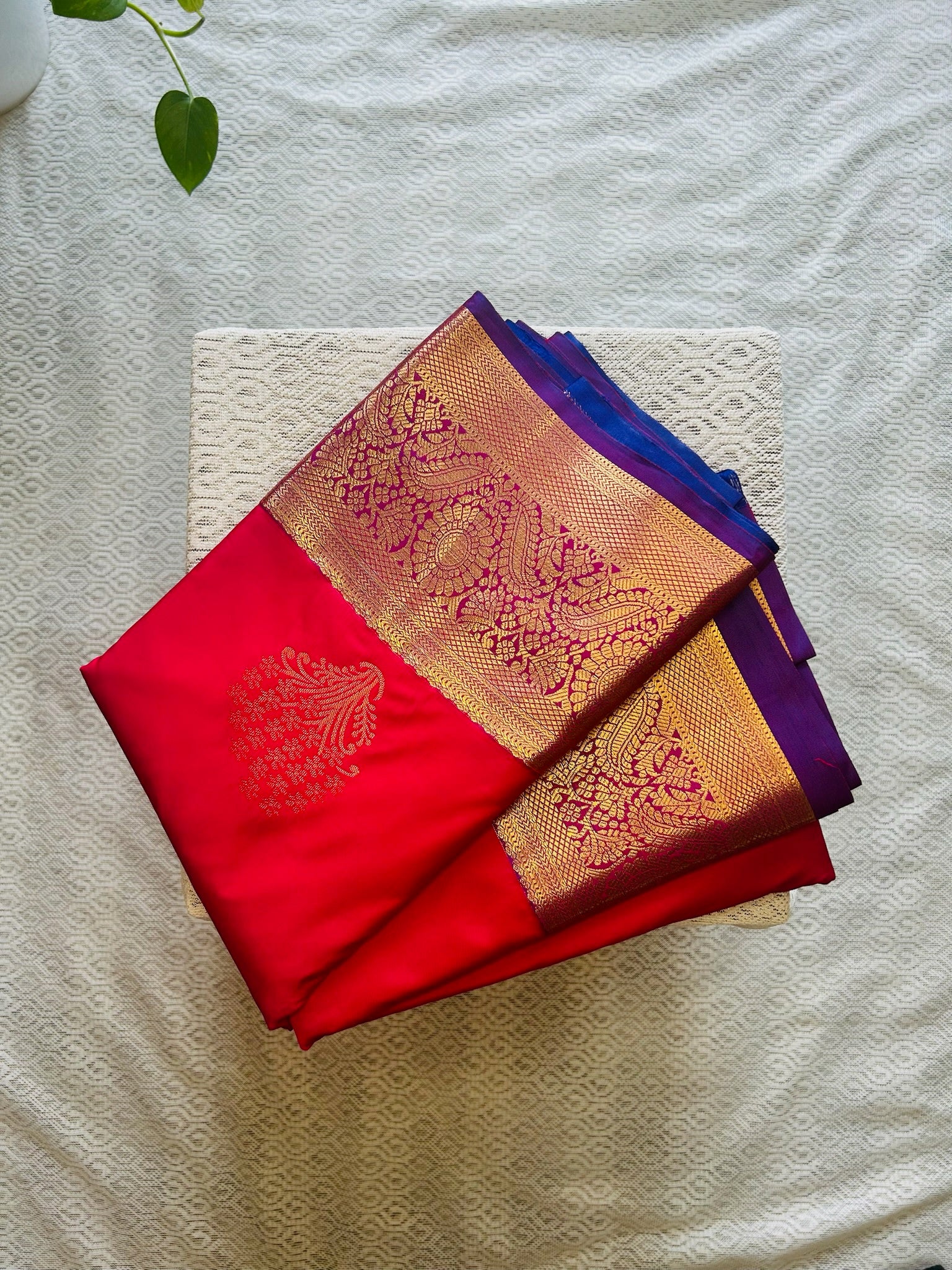 Royal Red Semi Kanchi Silk Saree with Purple Zari Border