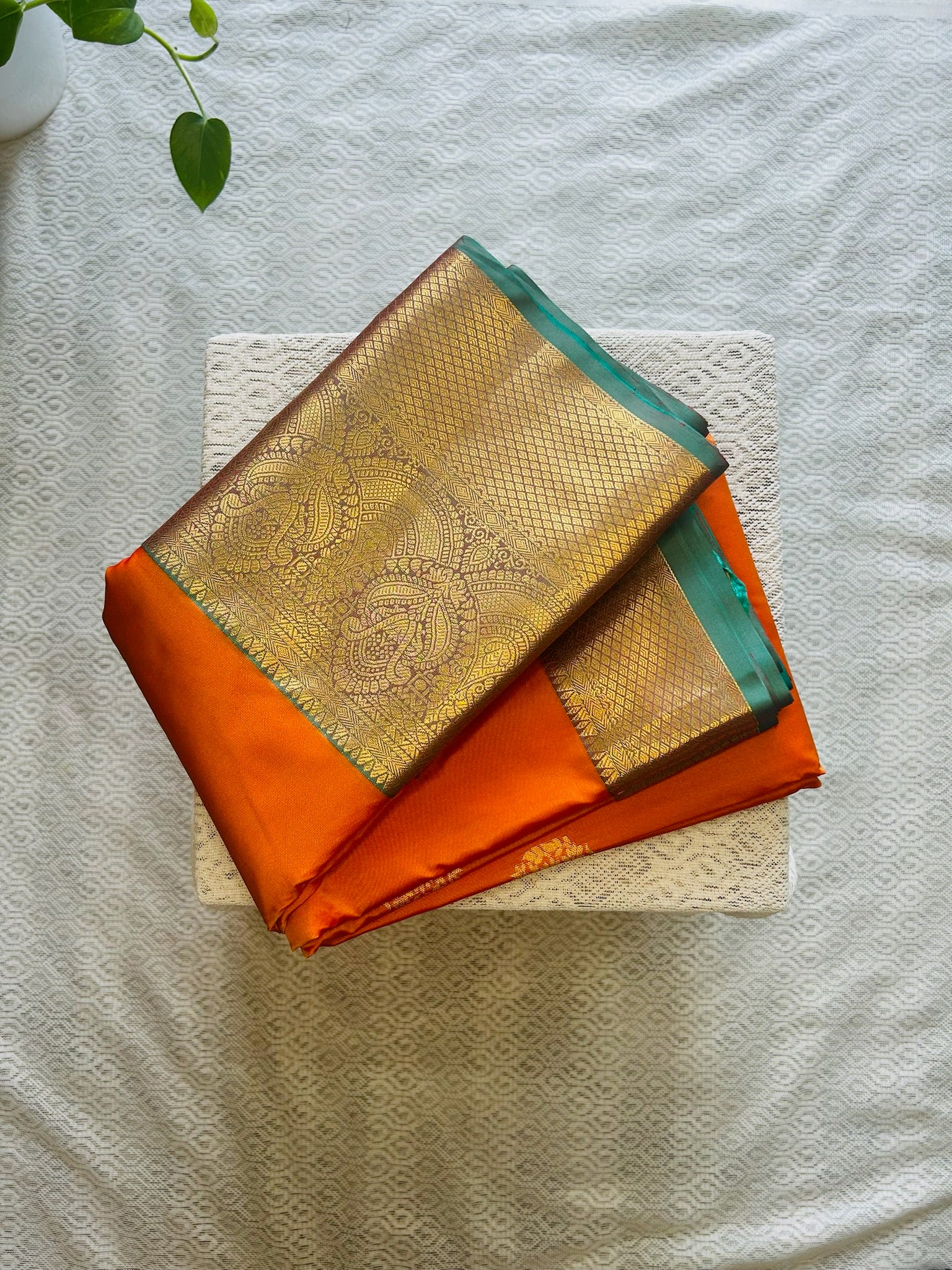 Burnt Orange & Teal Green Semi Kanchi Silk Saree