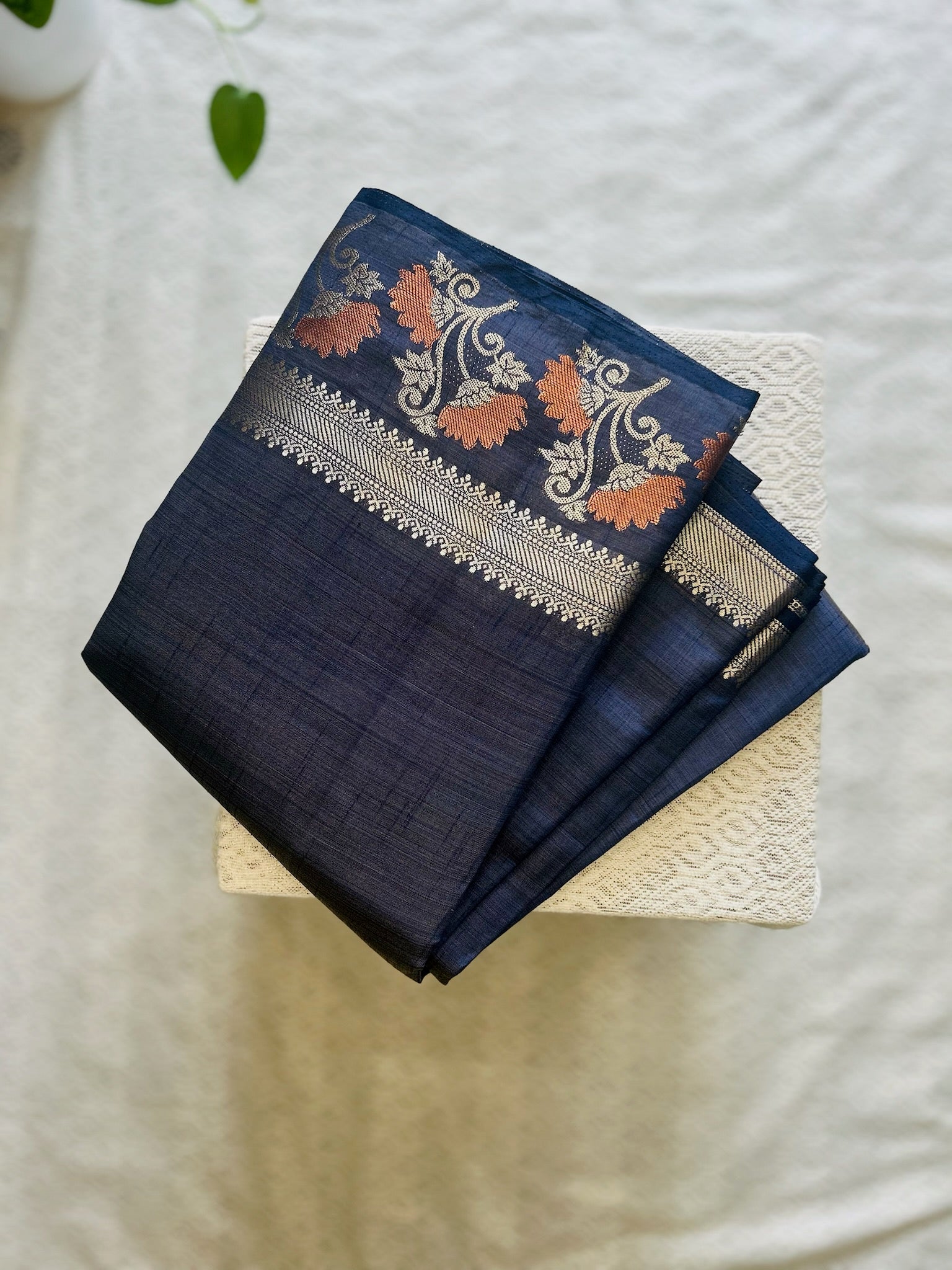 Navy Blue / Deep Indigo Blue & Antique gold with copper-orange floral accents Tussar Silk Saree