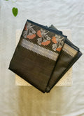 Dark Grey & Antique gold with copper-orange floral accents Tussar Silk Saree