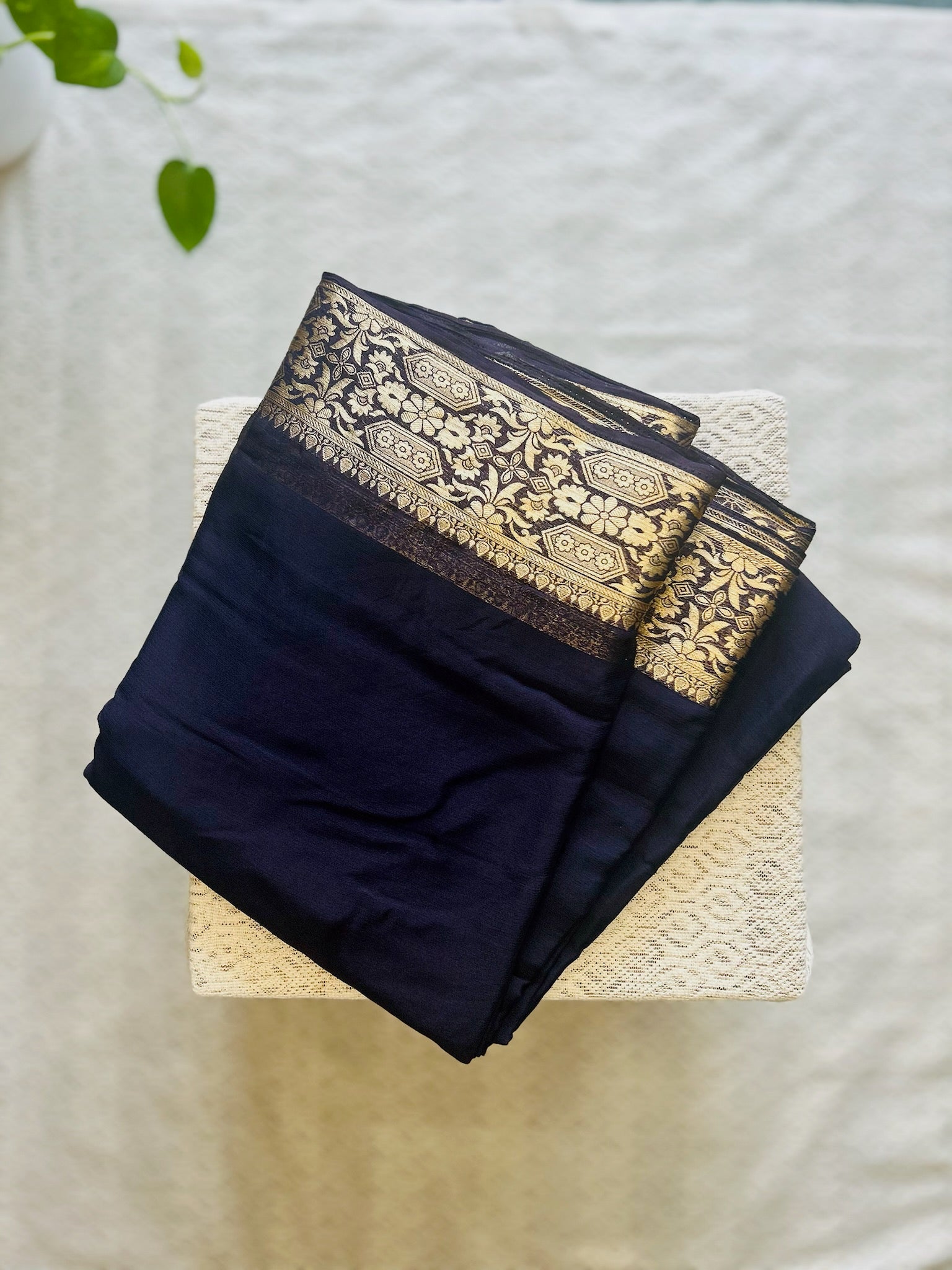 Navy Blue / Midnight Blue with Antique Gold Zari Border Georgette Saree