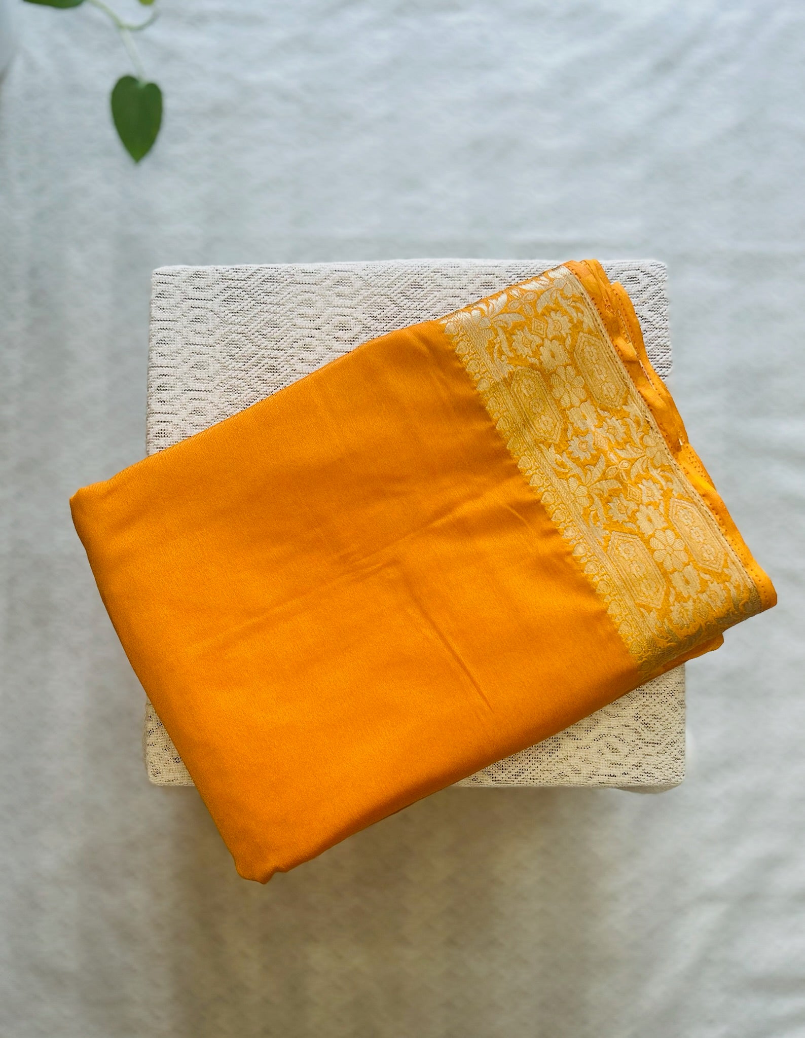 Mustard Yellow with Antique gold zari border Georgette Saree