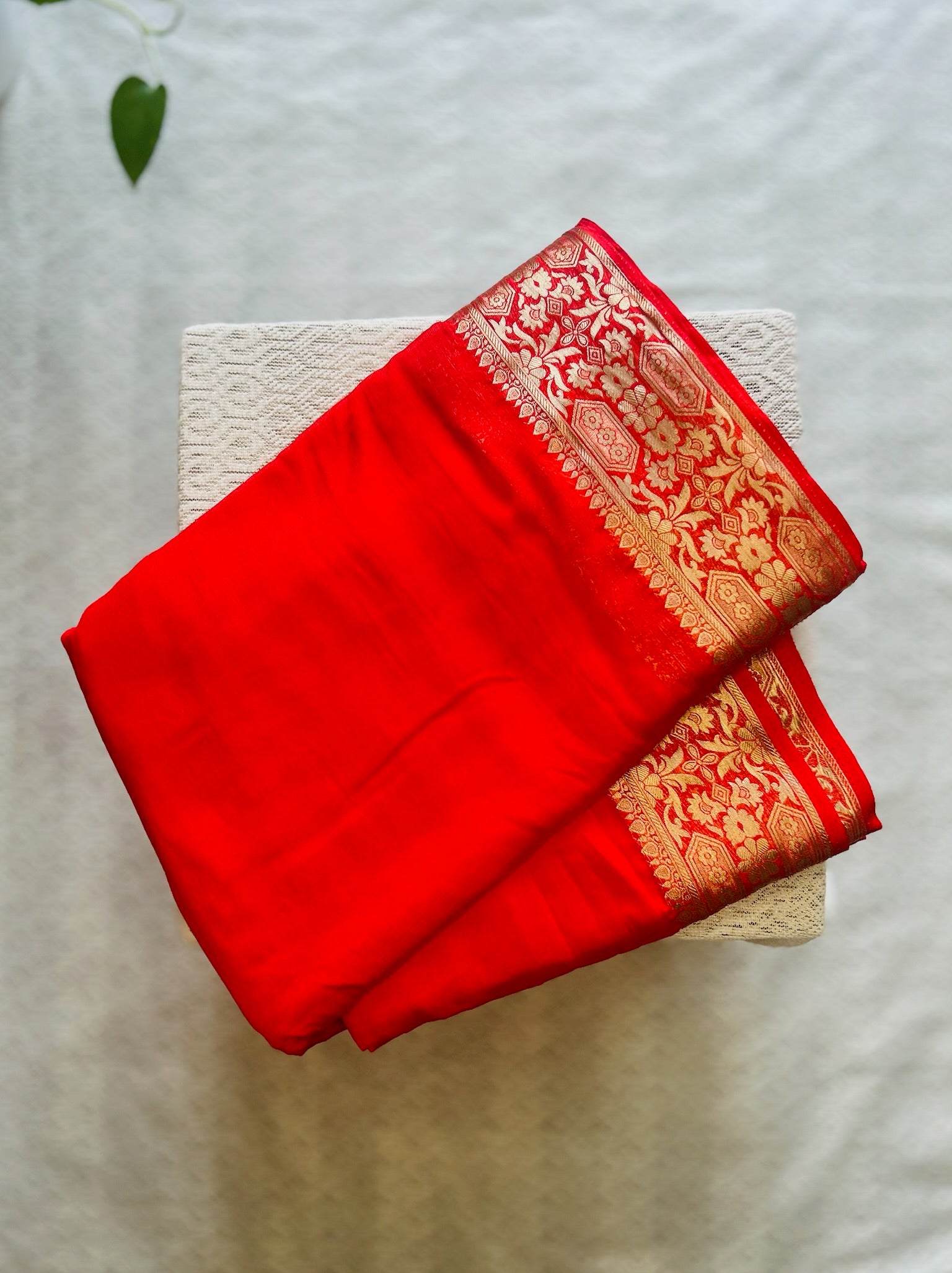 Bright Red with Antique Gold Zari Border Georgette Saree